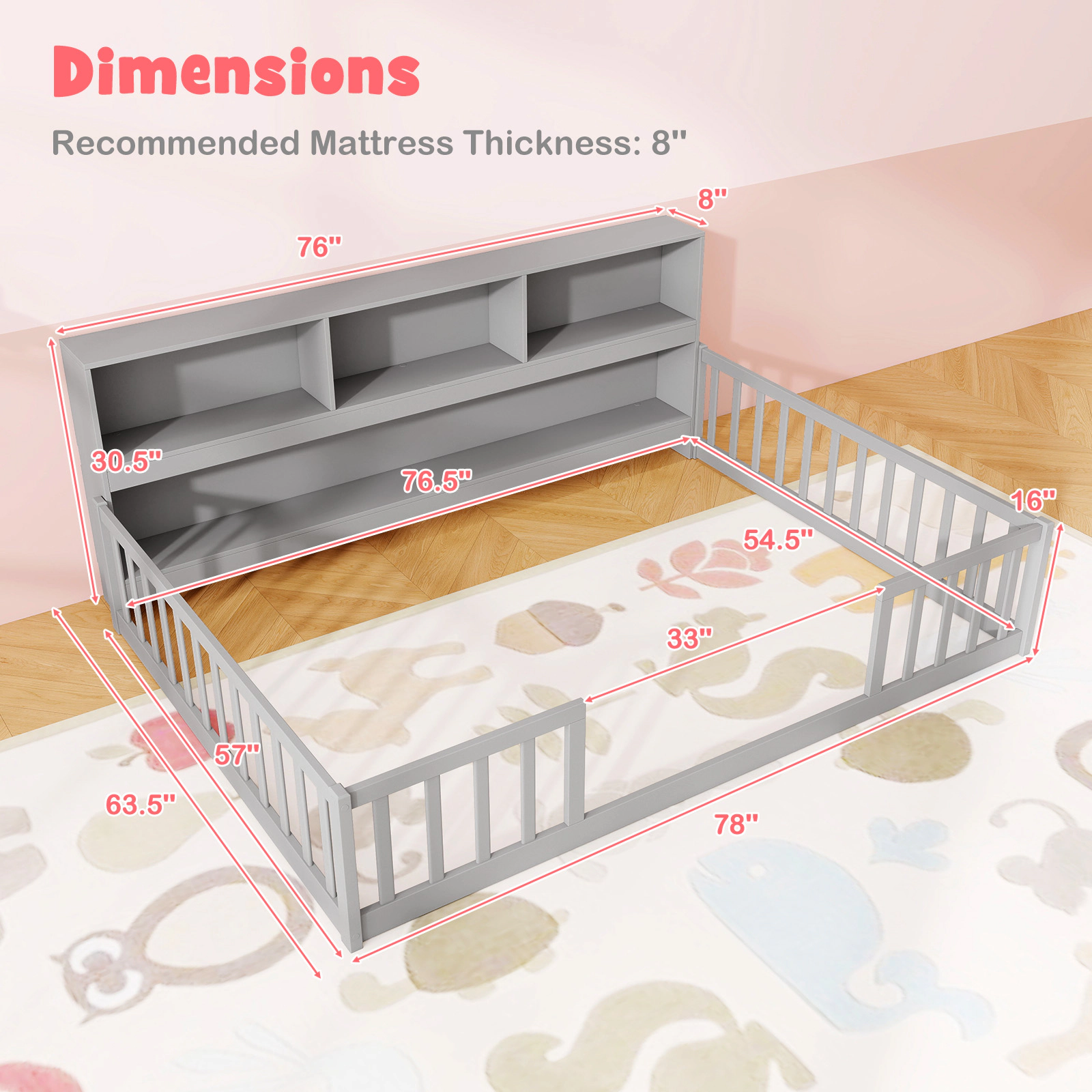 SUGIFT Gray Integrated Bookcase and Full-Length Guardrails Pine Wood Twin Kids Montessori Floor Bed