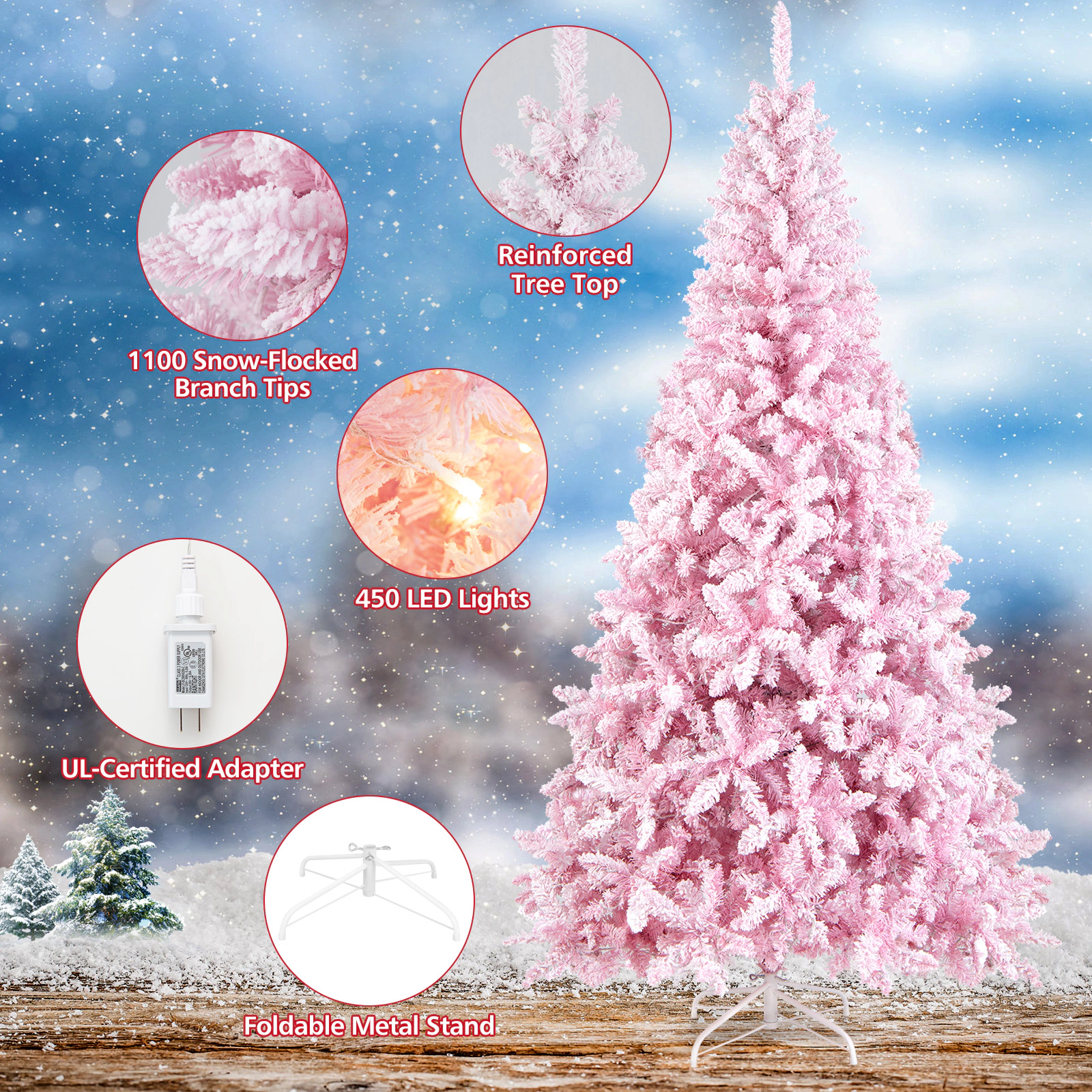 SUGIFT 7.5 ft Pink Flocked Christmas Tree Pre-Lit Artificial Tree with 450 LED Lights