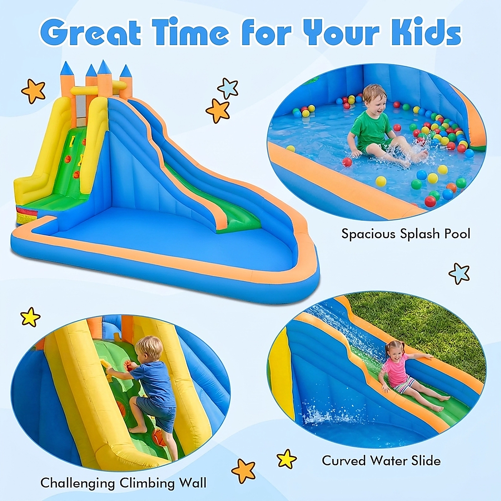 SUGIFT Curved Slide Climbing Wall and 680W Blower 3-in-1 Kids Inflatable Water Slide