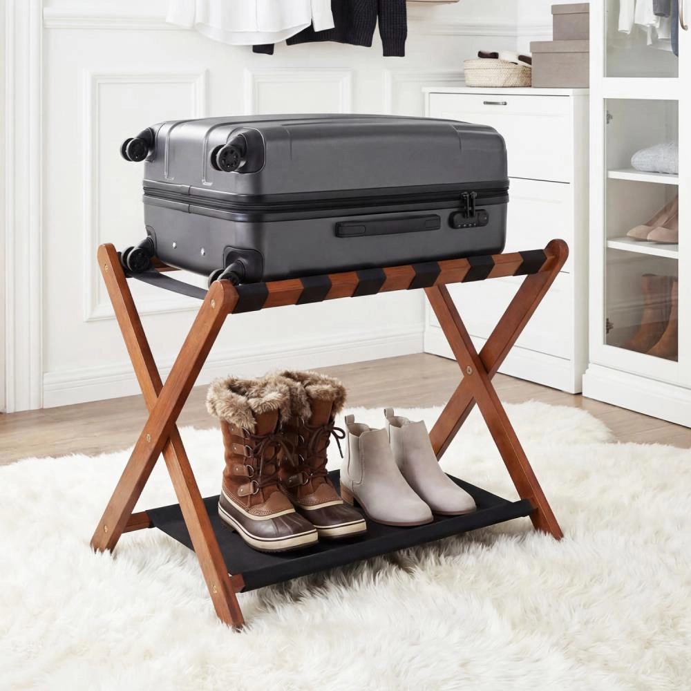 Hivvago Solid Rubberwood Folding Luggage Rack with Nylon Shelves