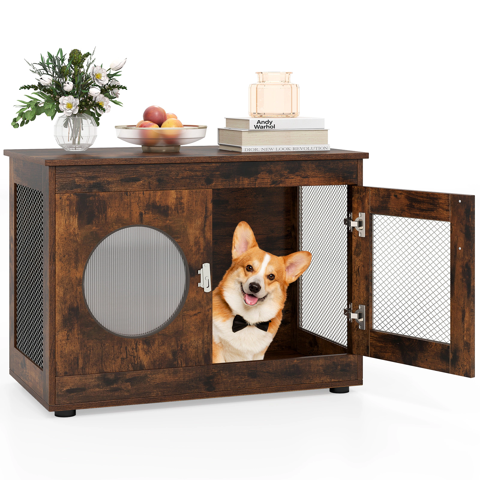 SUGIFT Rustic Brown Furniture Dog Crate with PC Window 32.5-in W 18.5-in D 23.5-in H 100-lb Tabletop Capacity