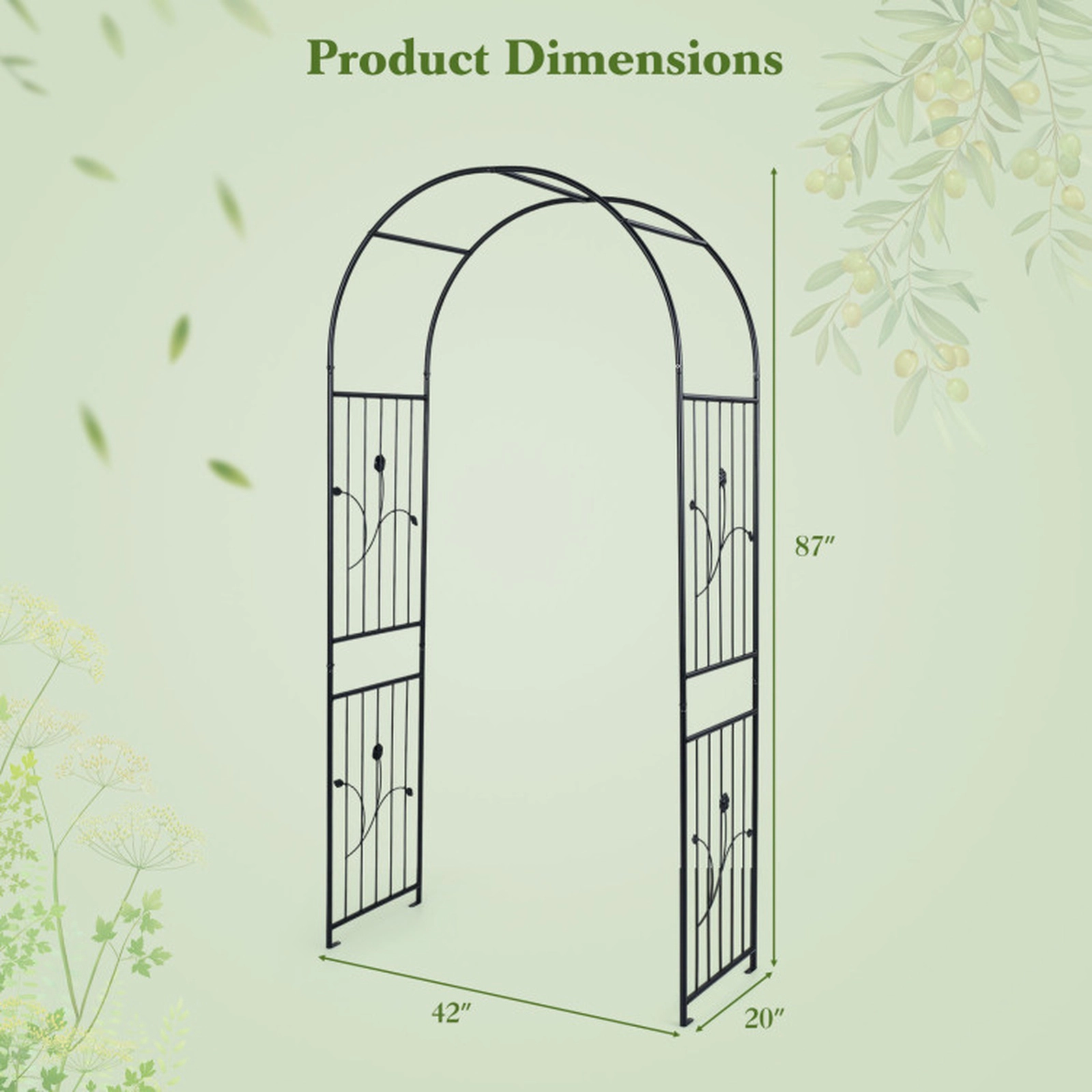 SUGIFT 87-in Black Powder-Coated Metal Garden Arch Arbor Trellis with Reinforced Crossbars and Slats