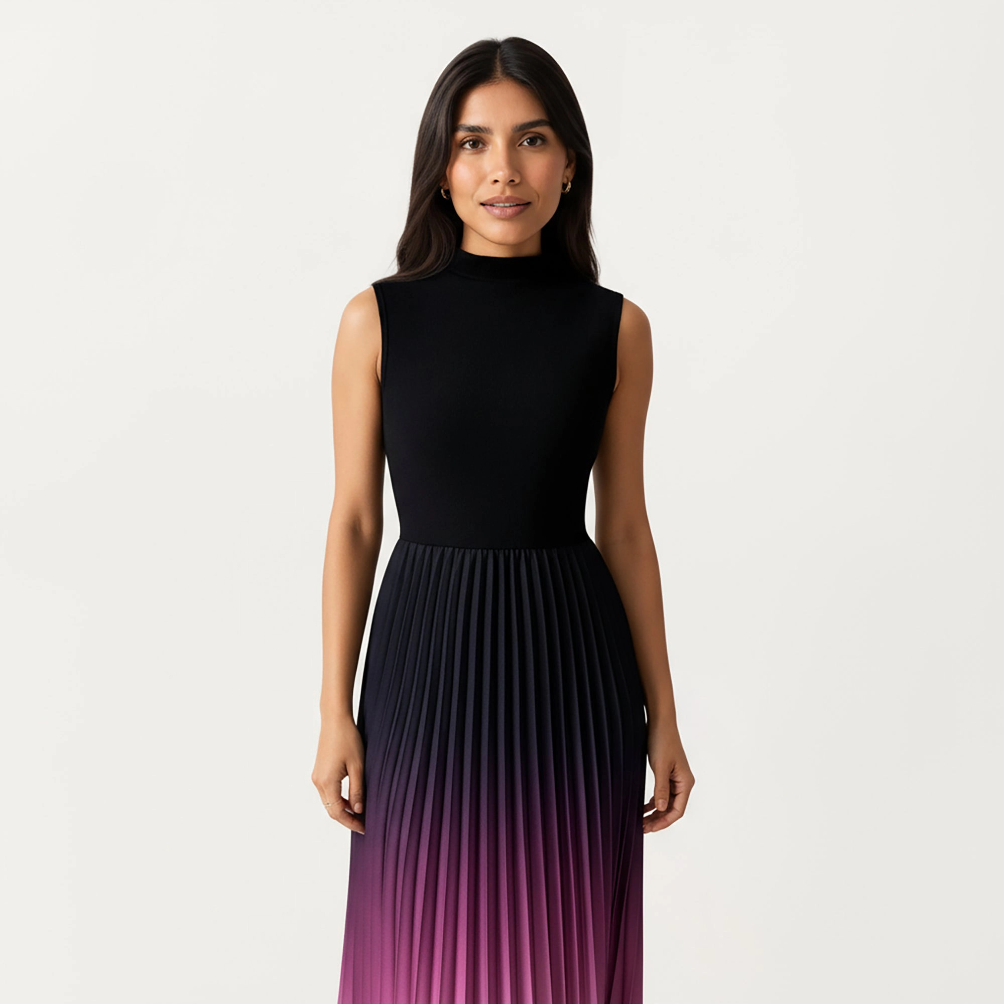 Anna-Kaci Womens Sleeveless Mock Neck Pleated Ombre Maxi Dress