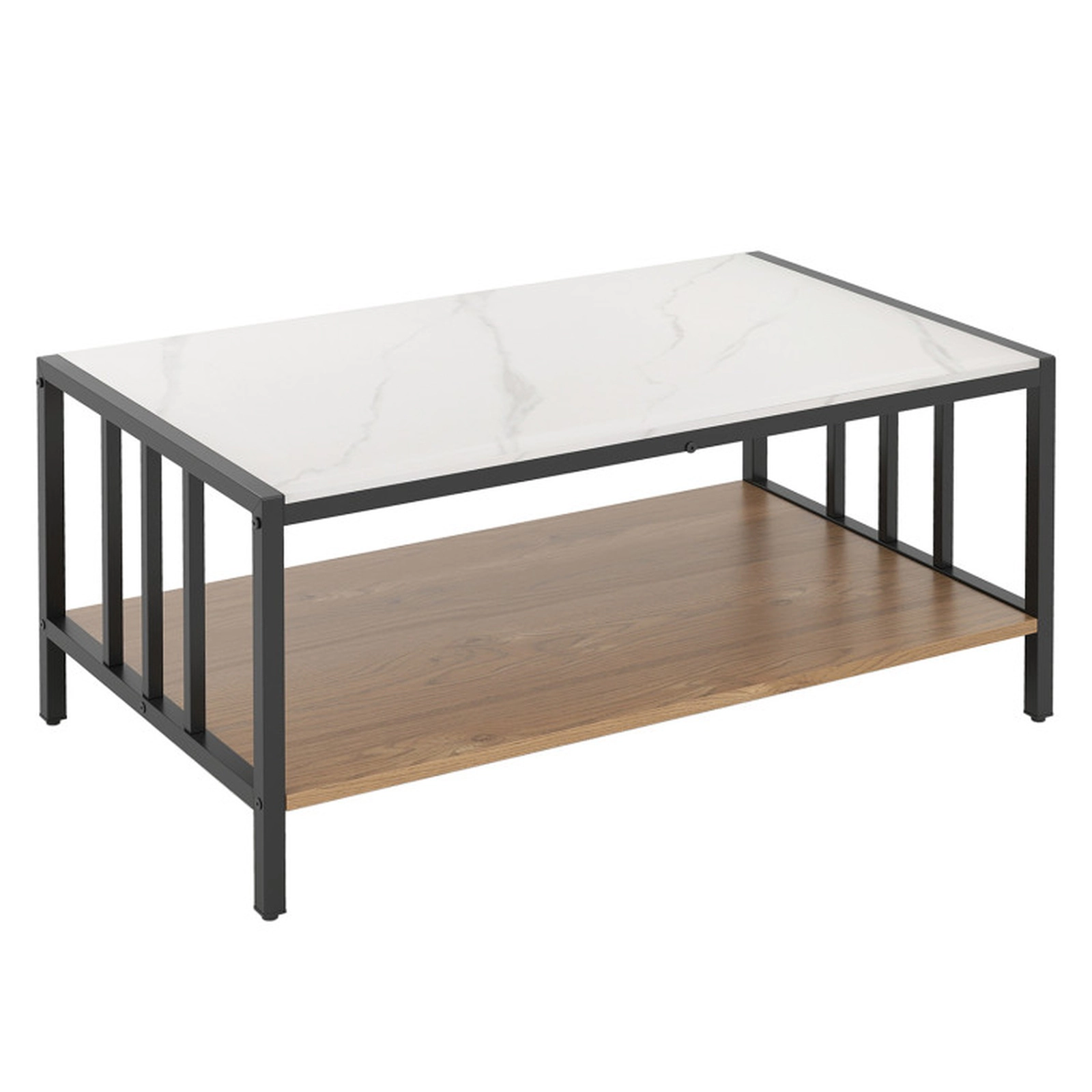 SUGIFT 33.5-in 2-Tier White Sintered Stone Coffee Table with Anti-Falling Shelf Fencing and Adjustable Pads