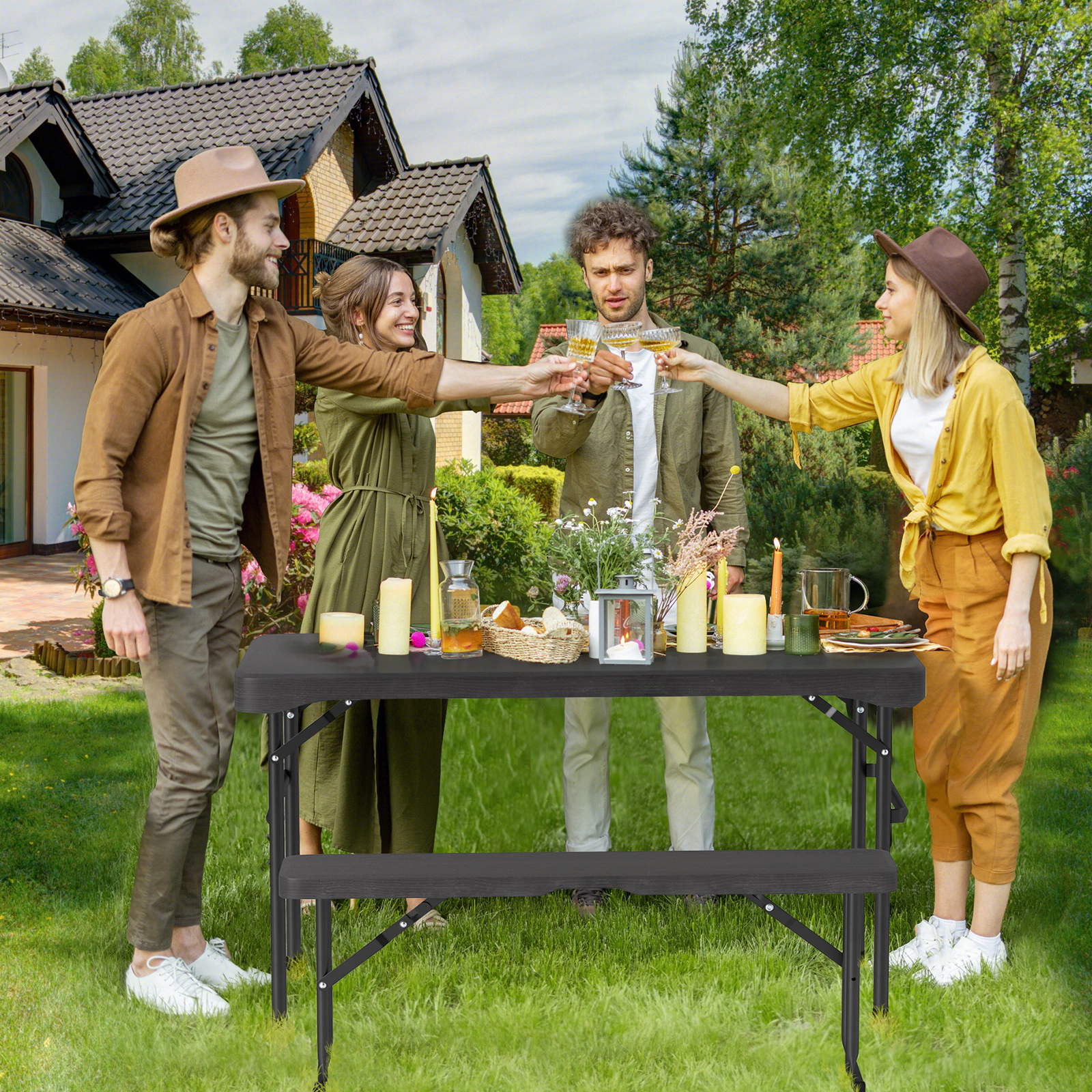 SUGIFT Outdoor Folding HDPE Table and Bench Dining Set 265-lb Table 400-lb Benches Black