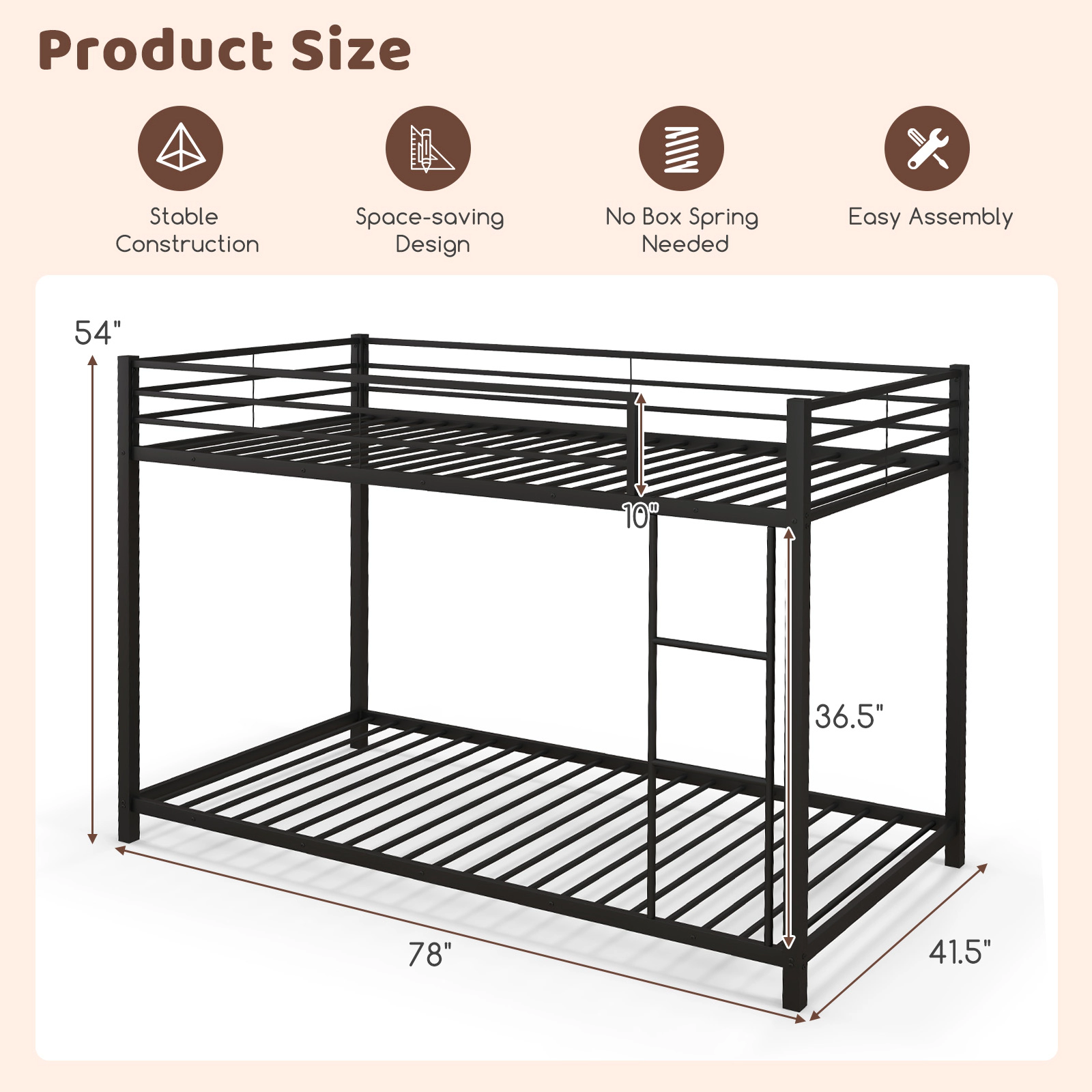 SUGIFT Low Profile Twin Over Twin Metal Bunk Bed 400-lb Upper Bed Capacity Twin Mattress Compatible Black/Silver/White