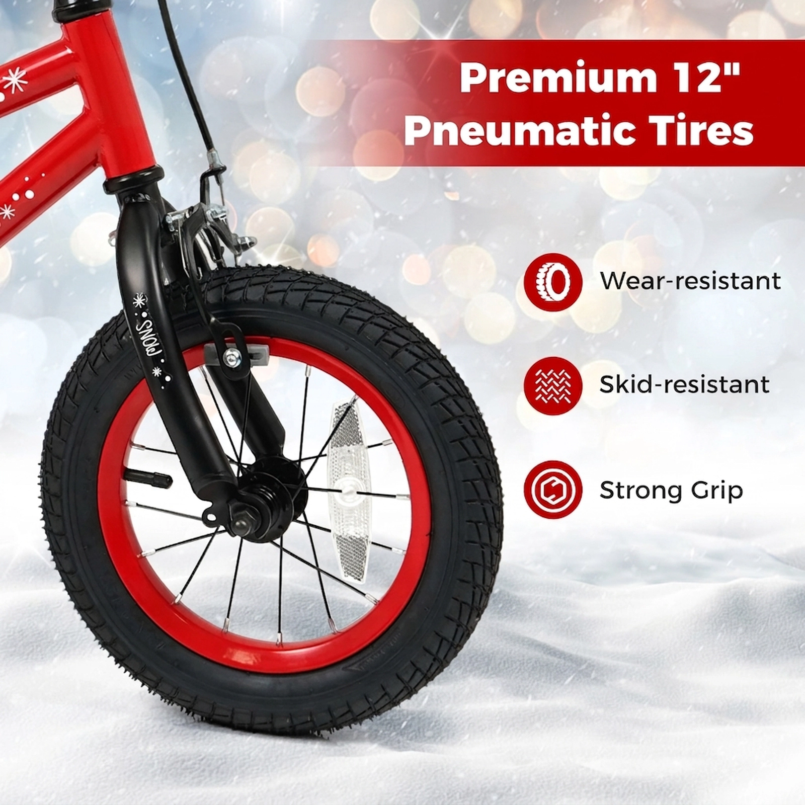 12-in Kids Bicycle Holiday Music Box Safety Flag Detachable Training Wheels Padded Saddle Ages 3-5 Red