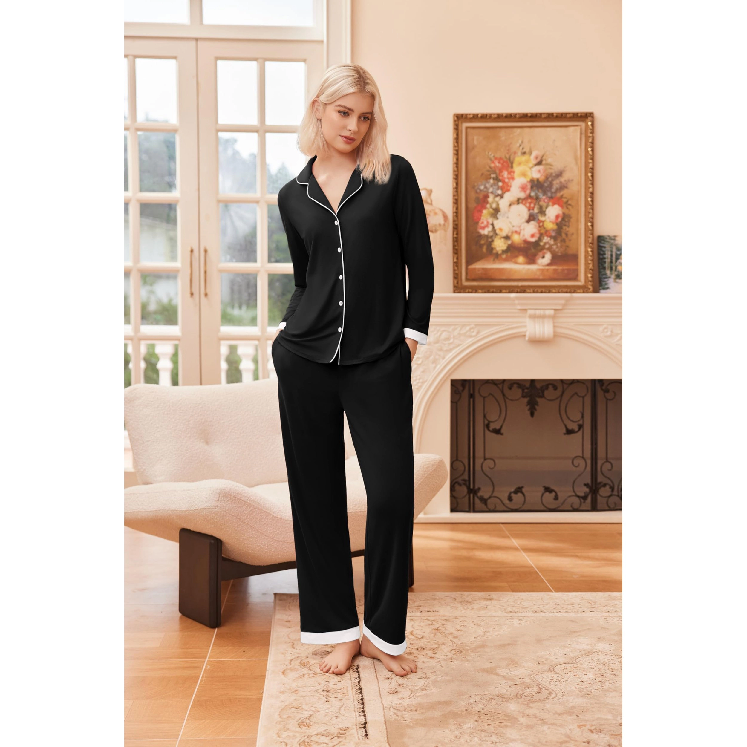 Ekouaer Womens Two Piece Long Sleeve Top and Pants Nightwear Pajama Sets V Neck Loungewear