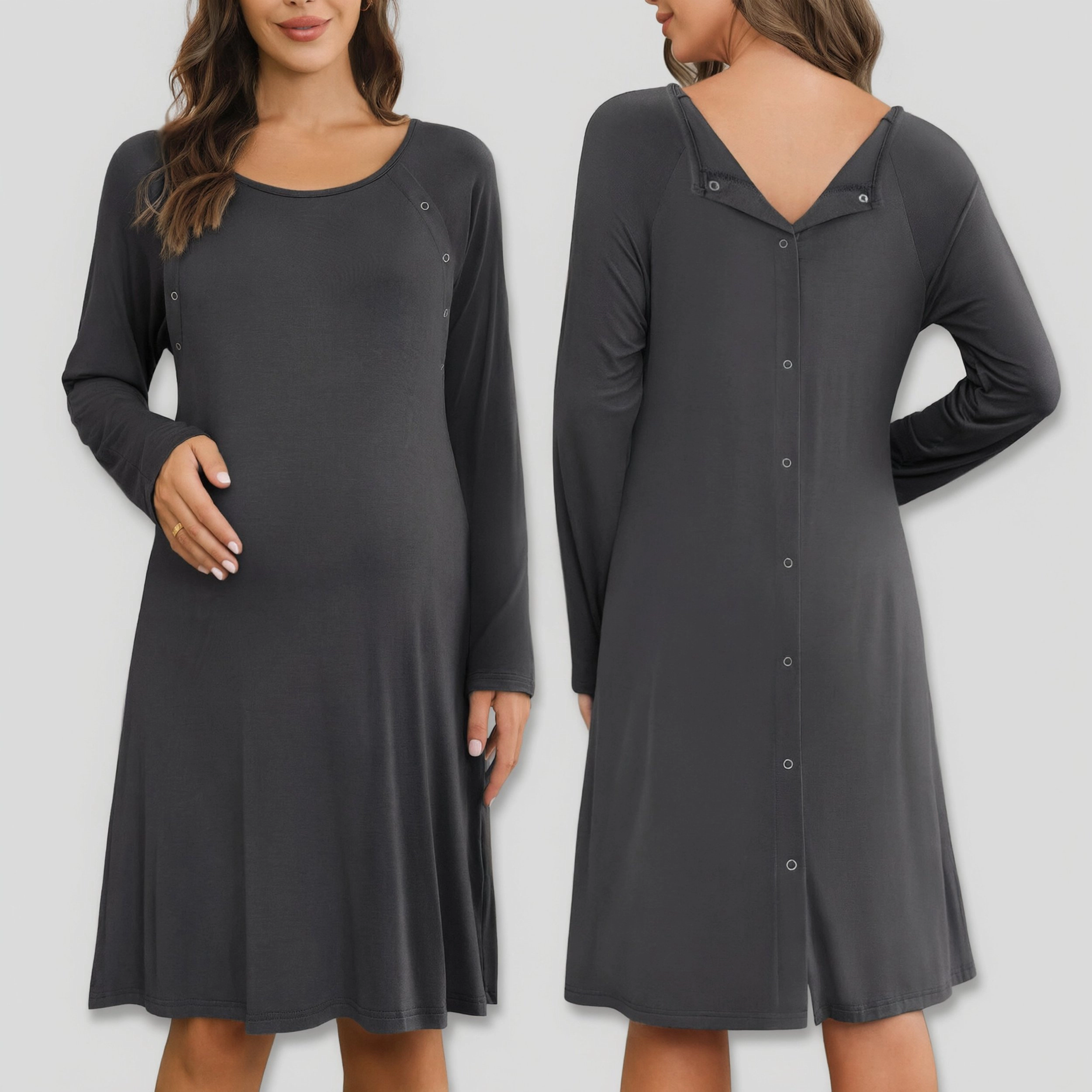 Ekouaer Maternity Nightgown Labor Delivery Nursing Gown Hospital Breastfeeding Dress Long Sleeve