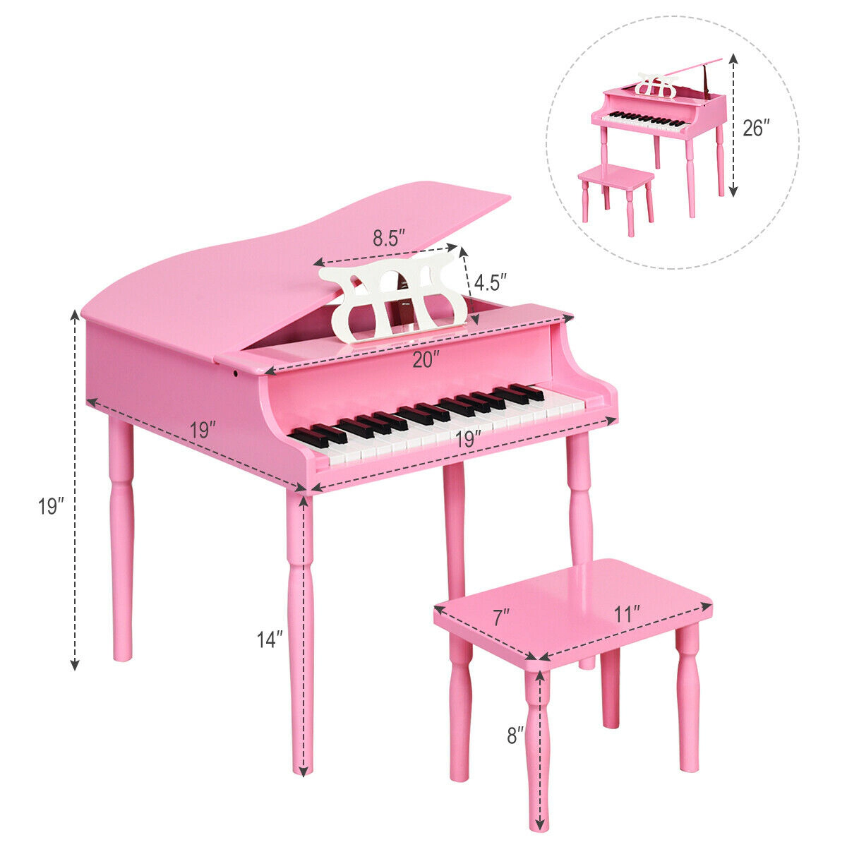SUGIFT Pink 30-Key Wood Kids Grand Piano with Bench Music Rack Straight Legs and Skin-Safe Smooth Surface