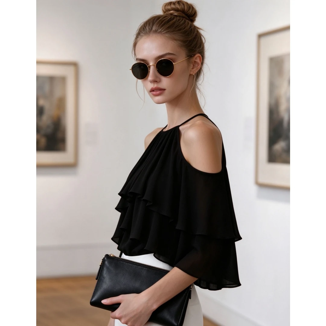 Coolmee Women's Fashion Cold Shoulder Ruffle Short Sleeve Chiffon Blouse Top All Season