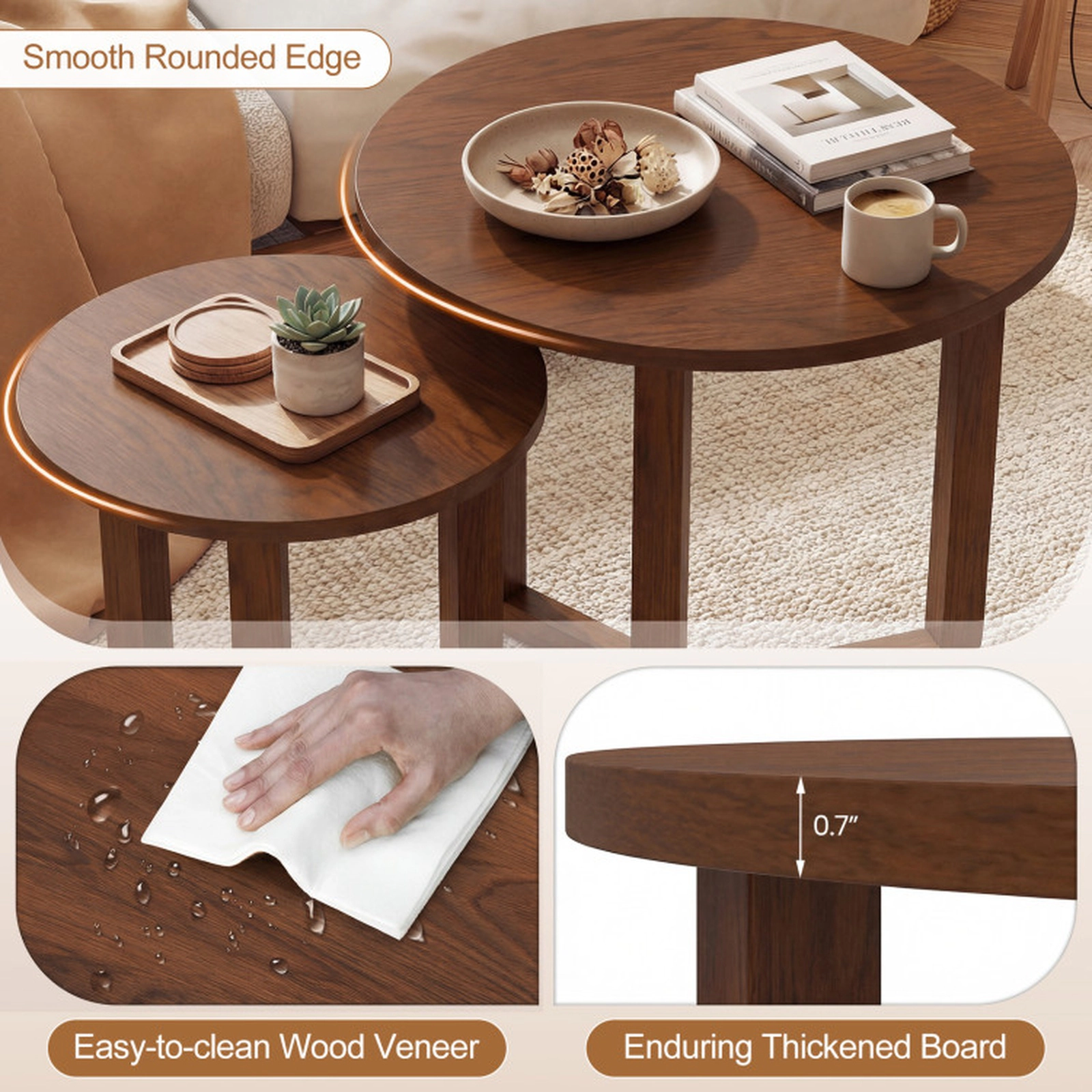 SUGIFT Round Nesting Coffee Table Set of 2 Wood End Tables with Thickened Top 176-lb and 132-lb Capacity Natural/Walnut
