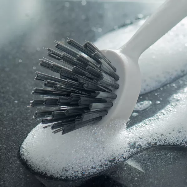 OU Cleaning Scrub Brush, Heavy Duty Cleaning Brush for Bathroom & Kitchen, Nonslip Silicone Grip Handle Built-In Scraper