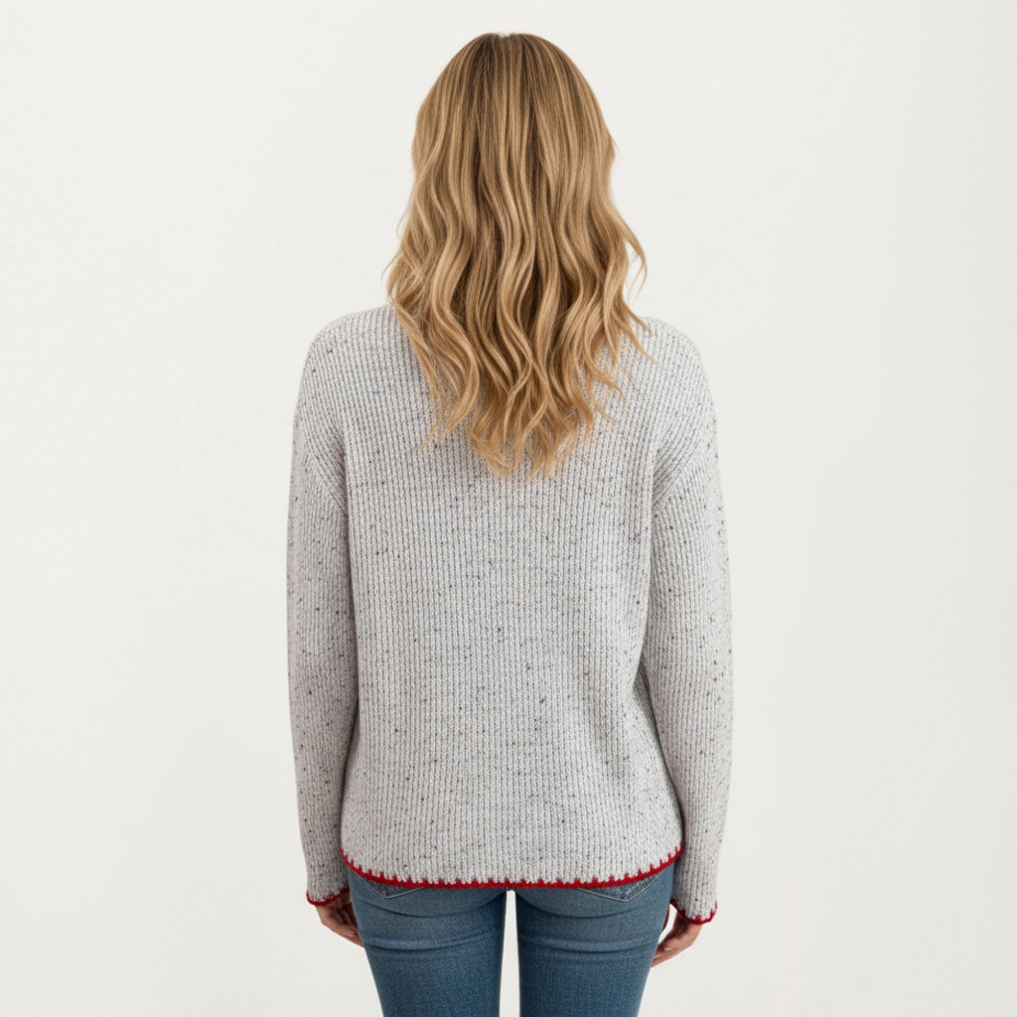 Anna-Kaci Women's Ribbed Knit Sweater with Valentine Heart Patch Contrast Trim