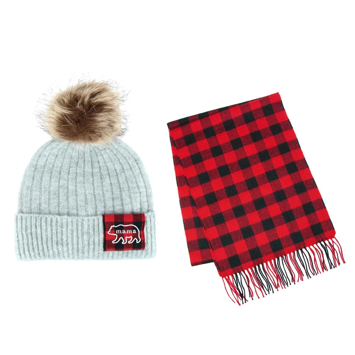 David & Young Women's Mama Bear Beanie and Matching Buffalo Plaid Scarf Set