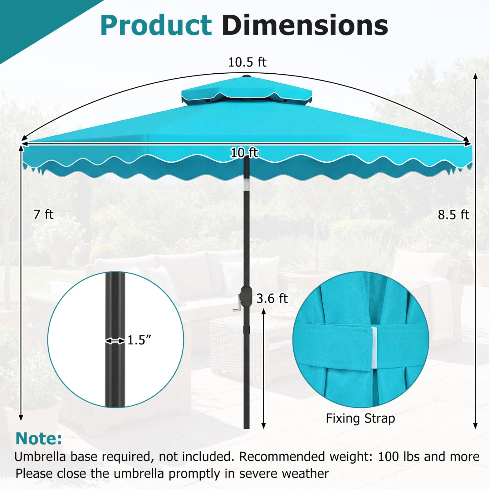 SUGIFT Vented 10-ft Patio Umbrella with Push Button Tilt and Crank 17-lb Net Weight Turquoise Polyester Fabric Canopy