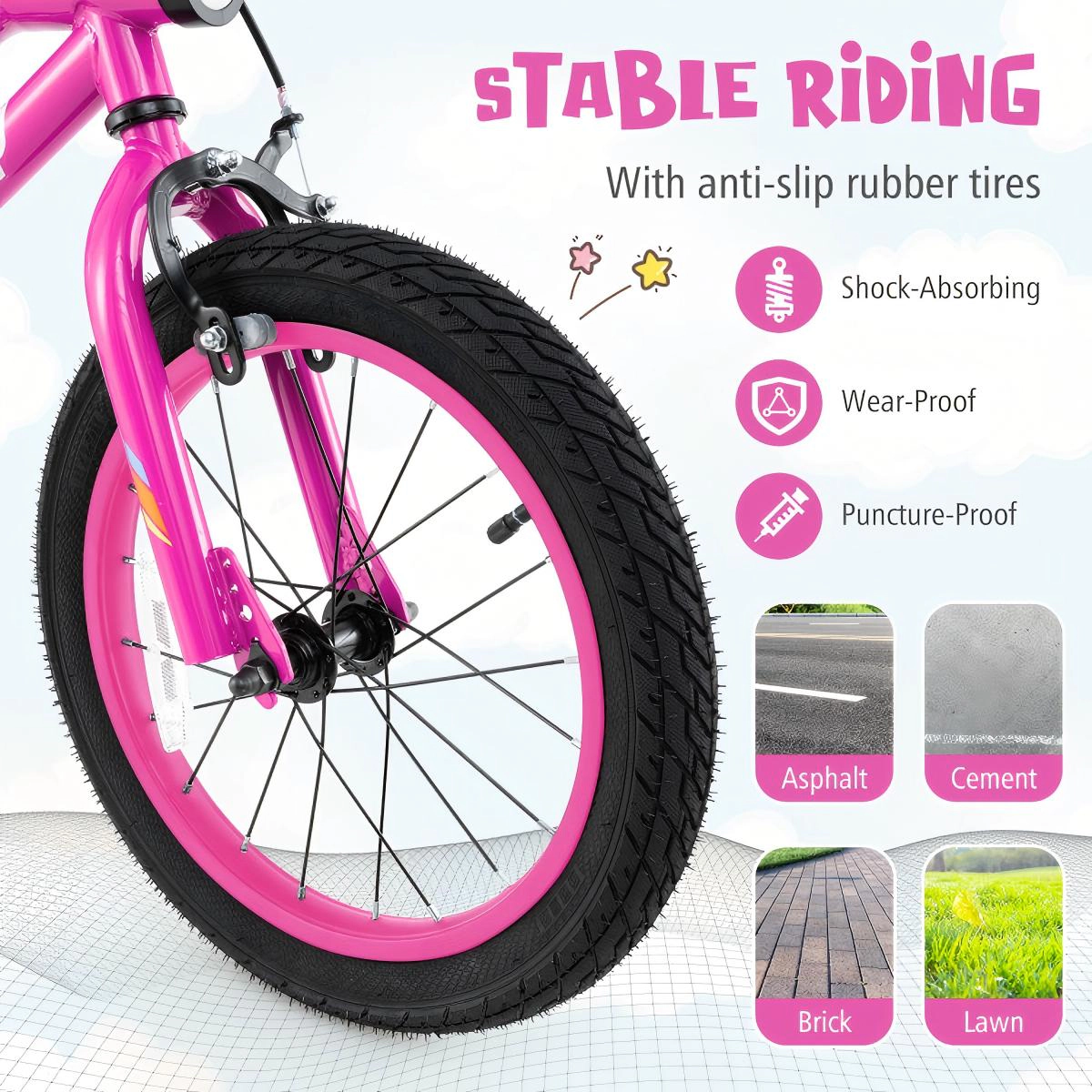 SUGIFT Pink Training Wheels Headlight and Padded Seat Kids 16 Inch LED Lighted Bike