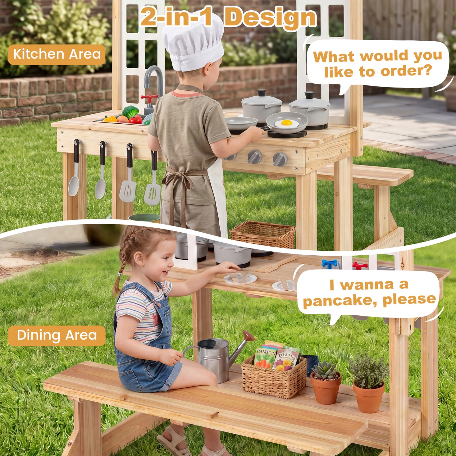 SUGIFT Natural Bench and Cooking Accessories Kids Wooden Pretend Play Mud Kitchen