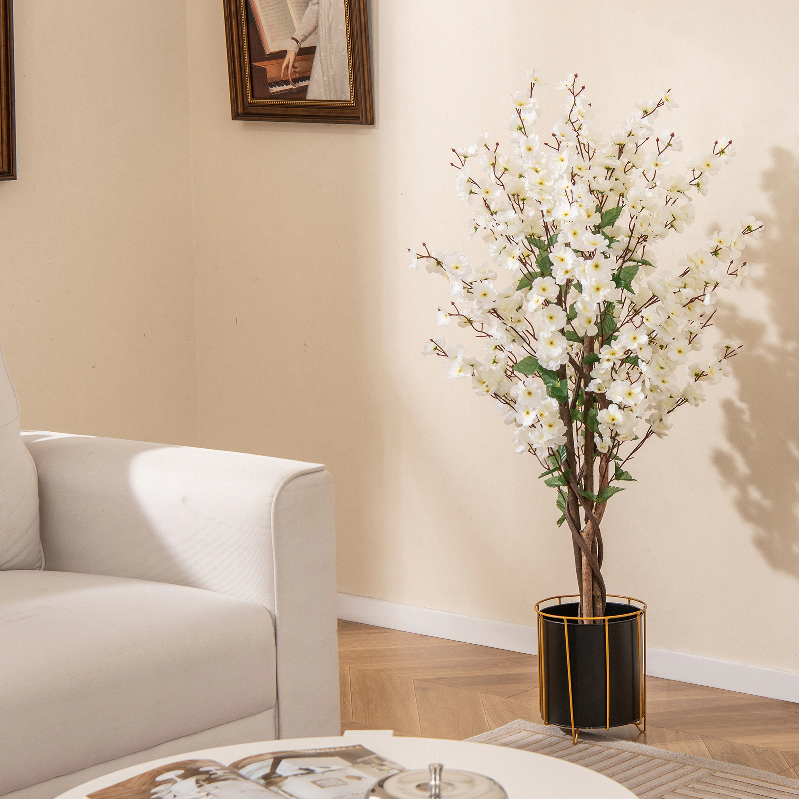 Slickblue 47 inch Artificial Plum Blossom Tree with White Fabric Blossoms and Wood Trunk