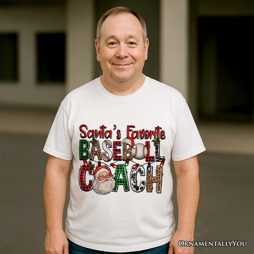 OrnamentallyYou Mens Santa's Favorite Baseball Coach Plaid Christmas T-Shirt