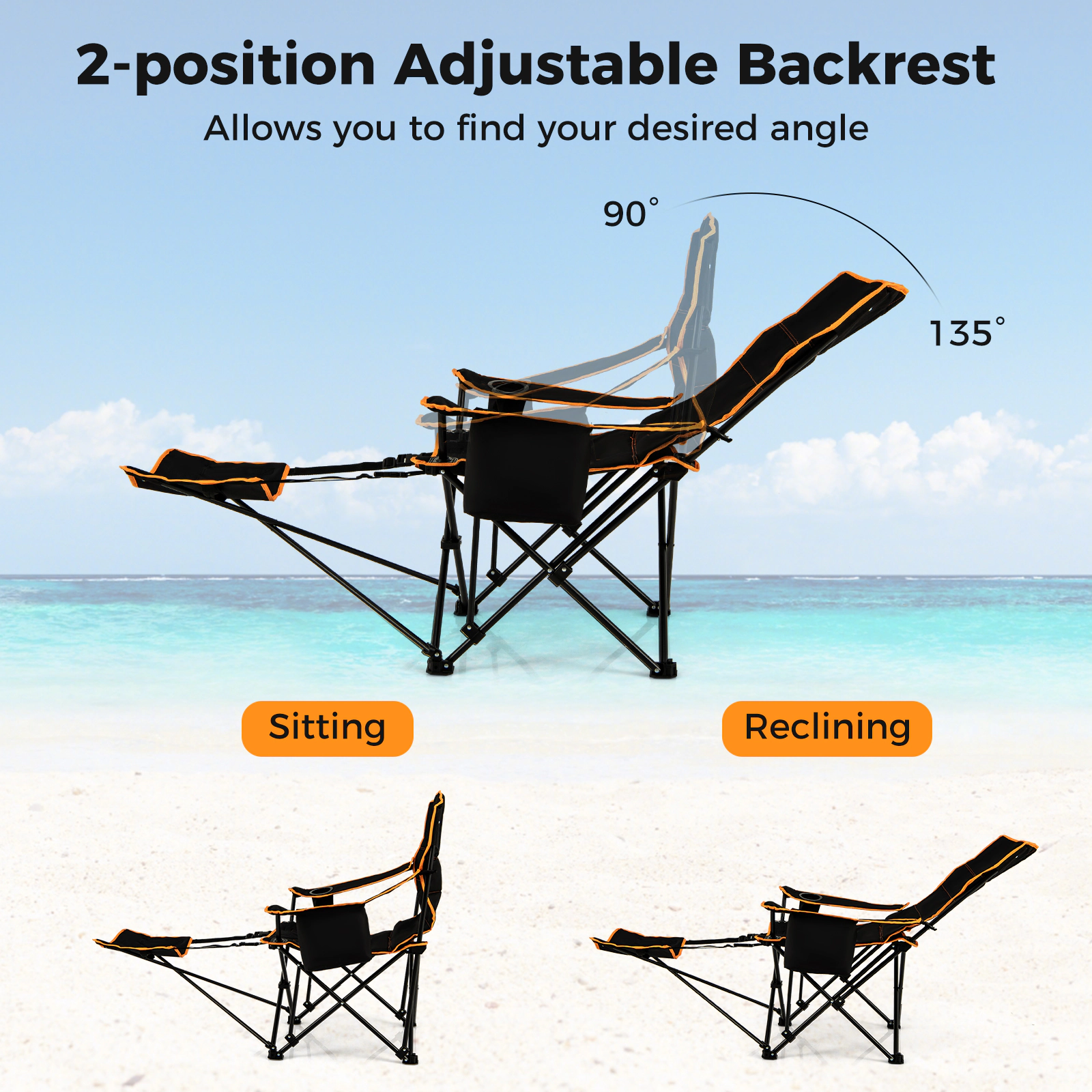 SUGIFT 330-lb Capacity Folding Camping Lounge Chair with Retractable Footrest Cooler Bag and Carry Bag