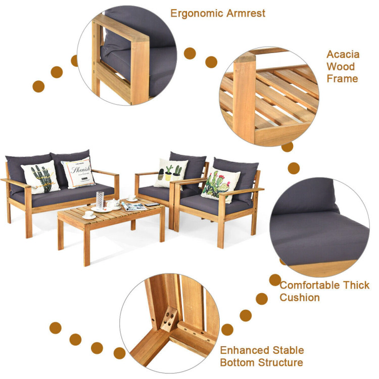 Hivvago Outdoor 4 Pieces Acacia Wood Chat Set With Water Resistant Cushions