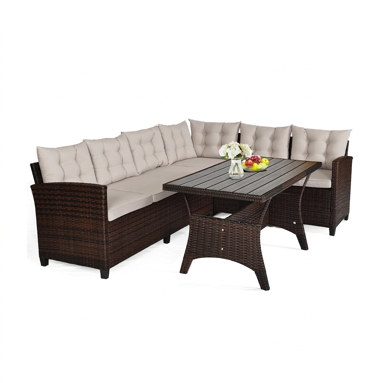 SUGIFT 51 in Dining Table 3-Piece Beige Hand-Woven Rattan Outdoor Sofa Set