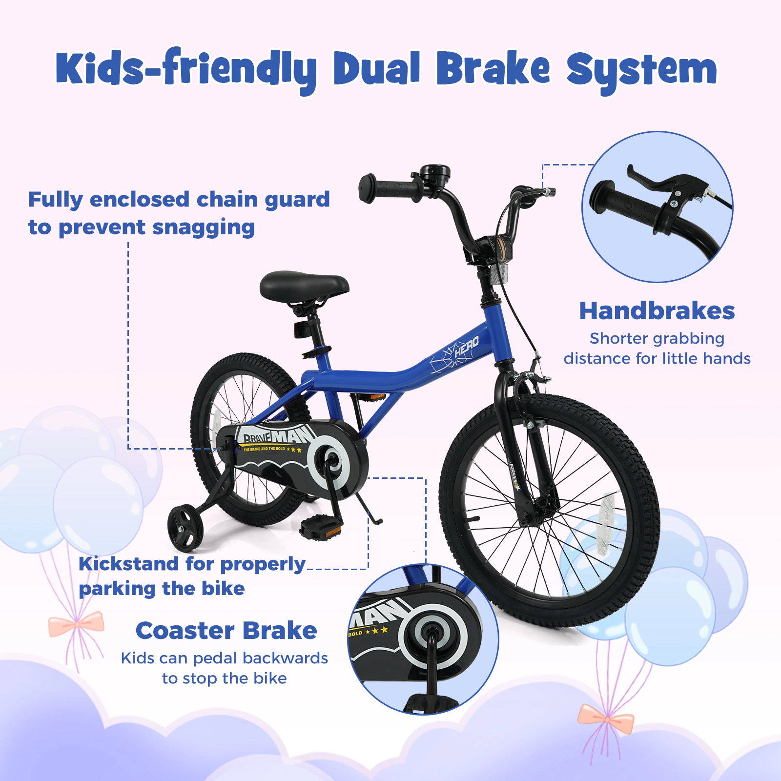 LJG Kids Bike with Removable Training Wheels Navy - Brave Hero