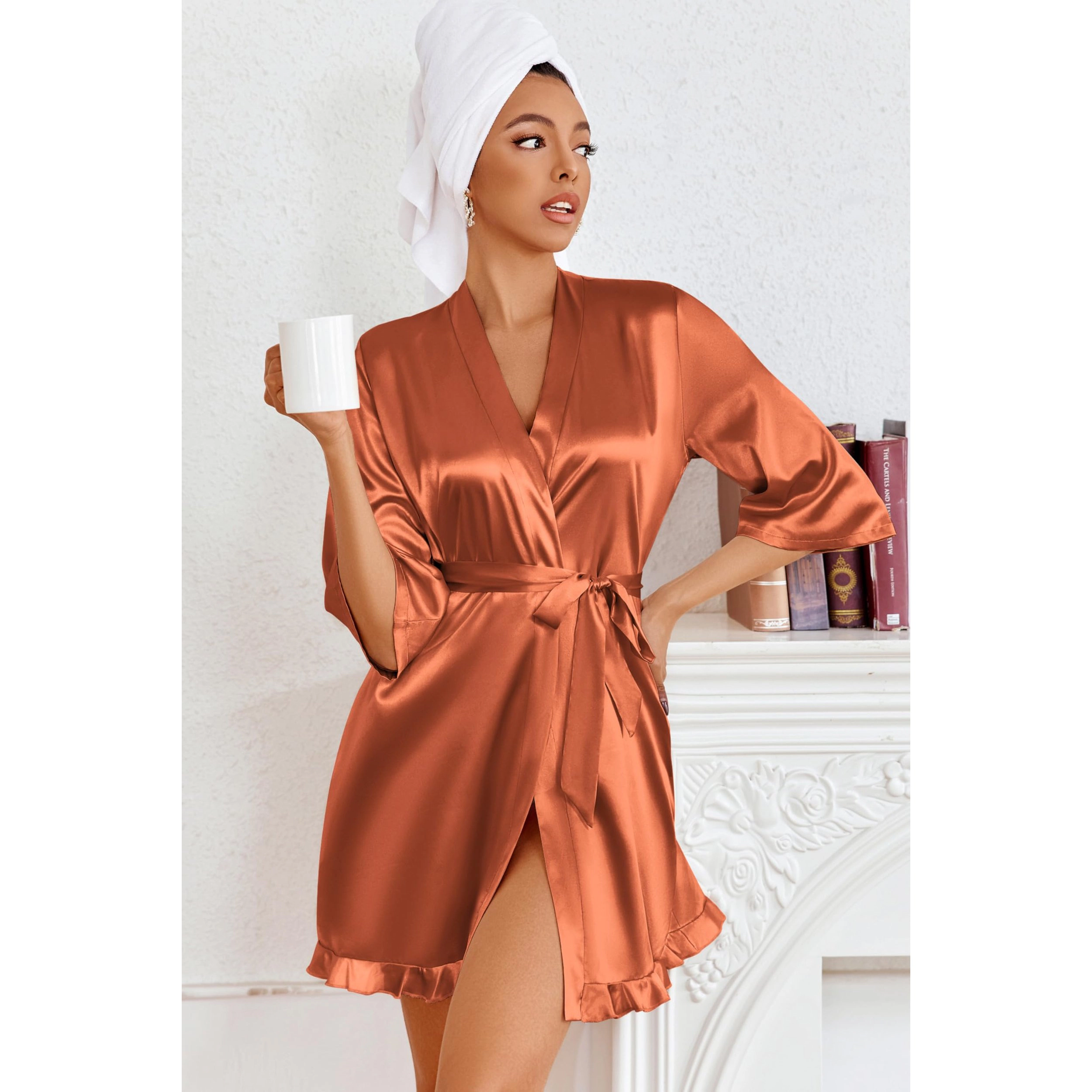 Ekouaer Women's Satin Robes Silk Kimono Bath Robe Short Ruffled Hem Bride Bridesmaid Sleepwear