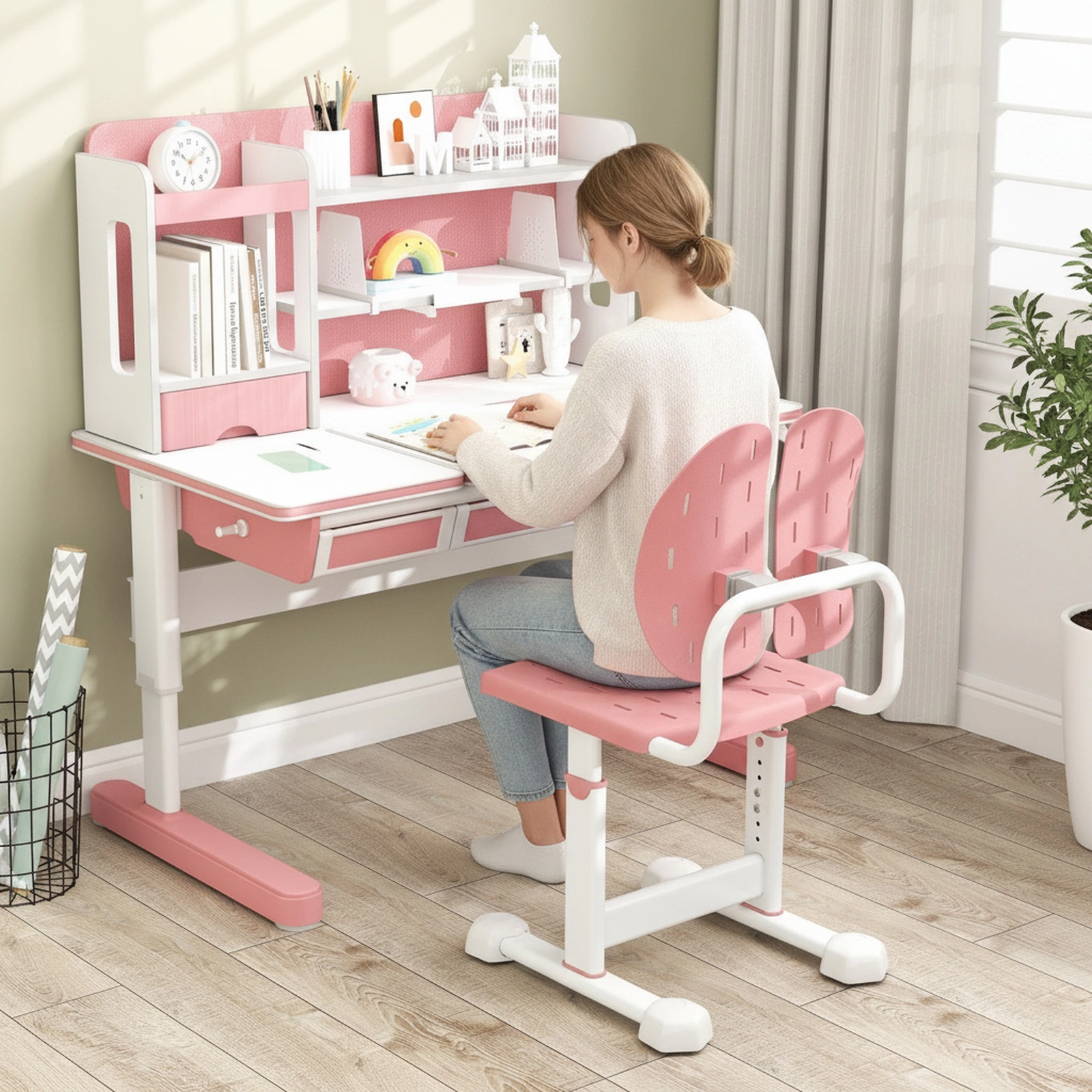 SUGIFT Kids Desk Chair, No Wheels, Pink, 5 Adjustable Seat Heights, Breathable Perforated Seat
