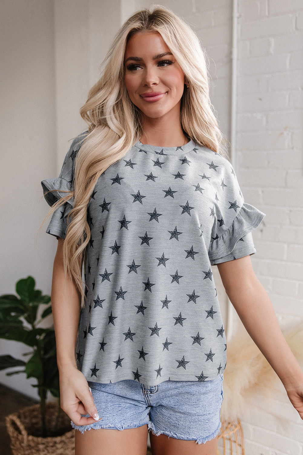 Threaded Pear Women's Joelle Star Ruffled Sleeve Crew Neck Top