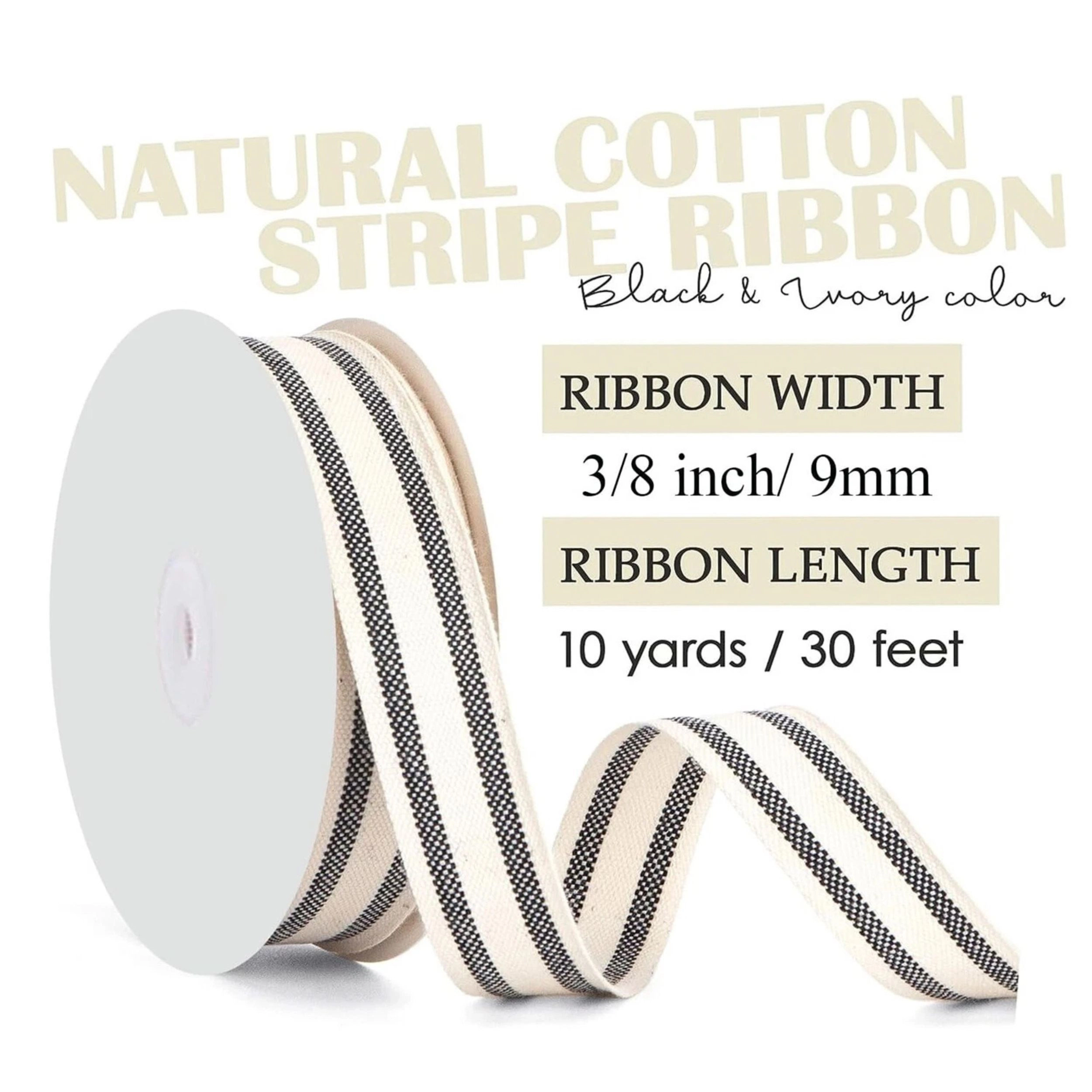 Home Collection 3/8" Black & Ivory Striped Cotton Grosgrain Ribbon 10 Yards