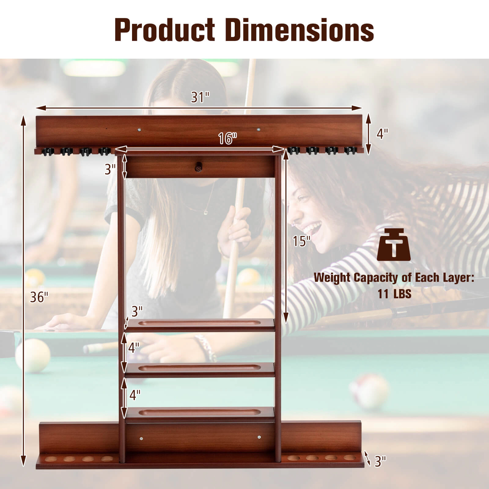 SUGIFT Brown Wall Mounted Billiard Pool Cue Rack with 3-Tier Ball Grooves 31-in W 3-in D 36-in H 11-lb Per Shelf