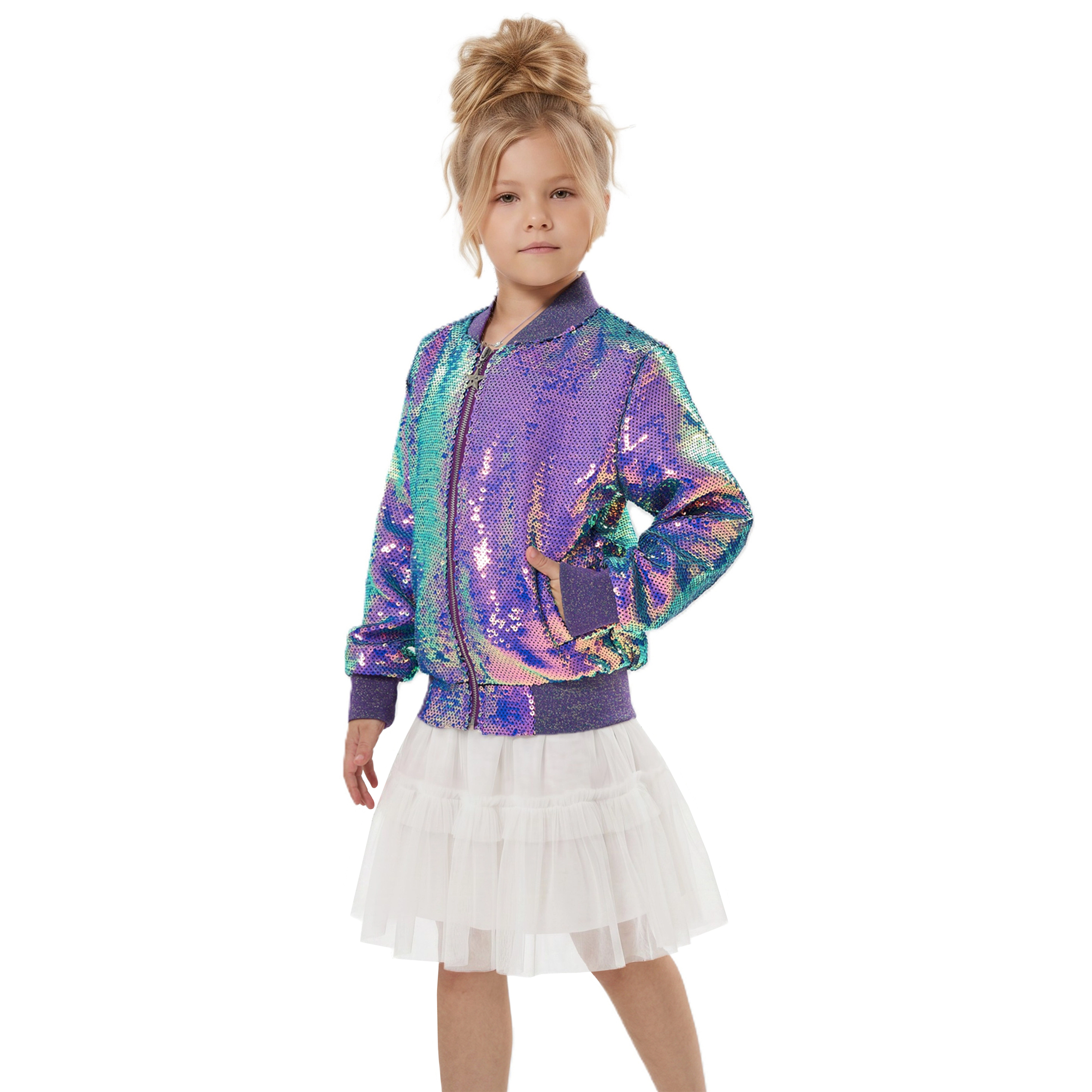 2Bunnies Girls' Mermaid Iridescent Sequin Bomber Jacket