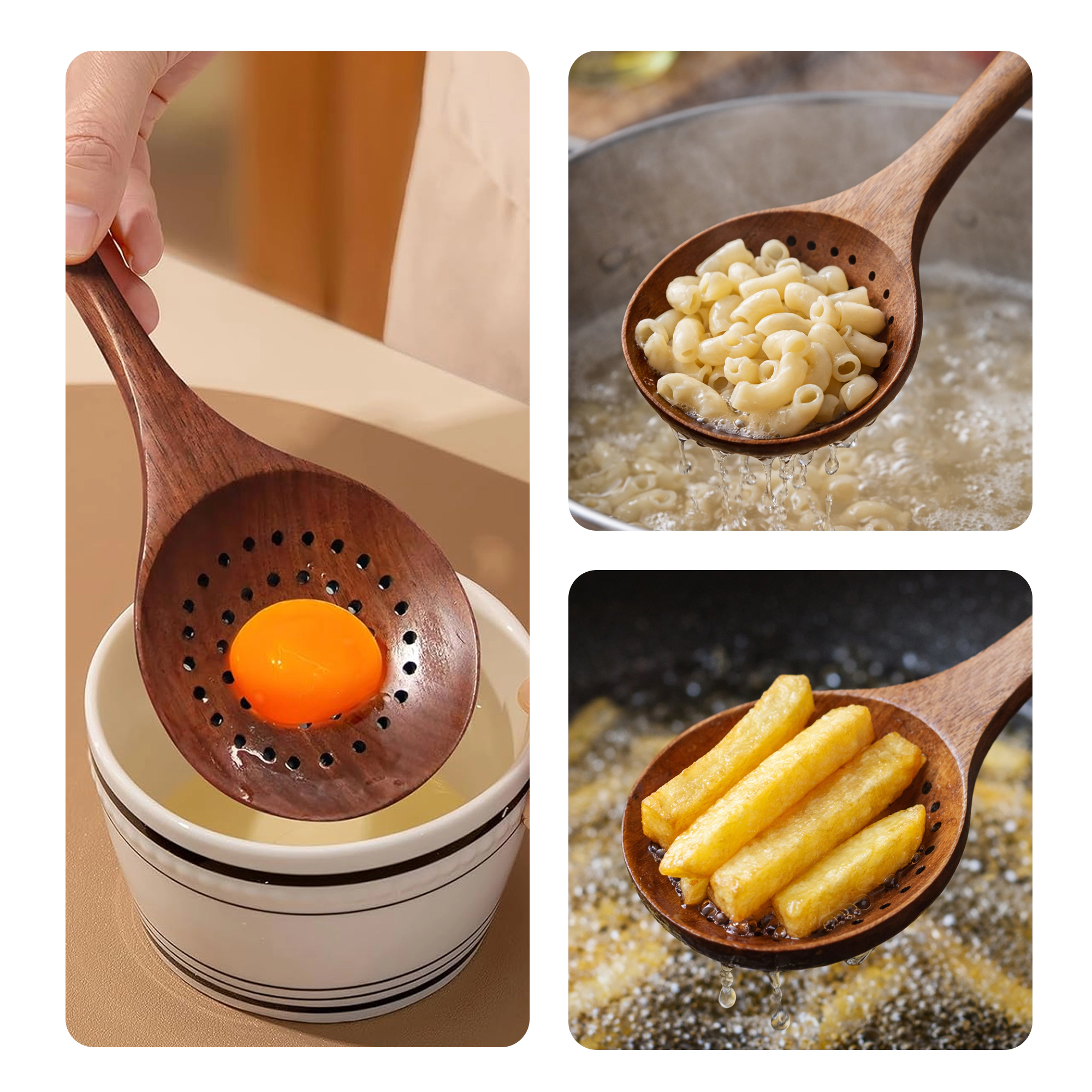 Cheer Collection Teak Wood Strainer Spoon for Draining, Scooping and Serving
