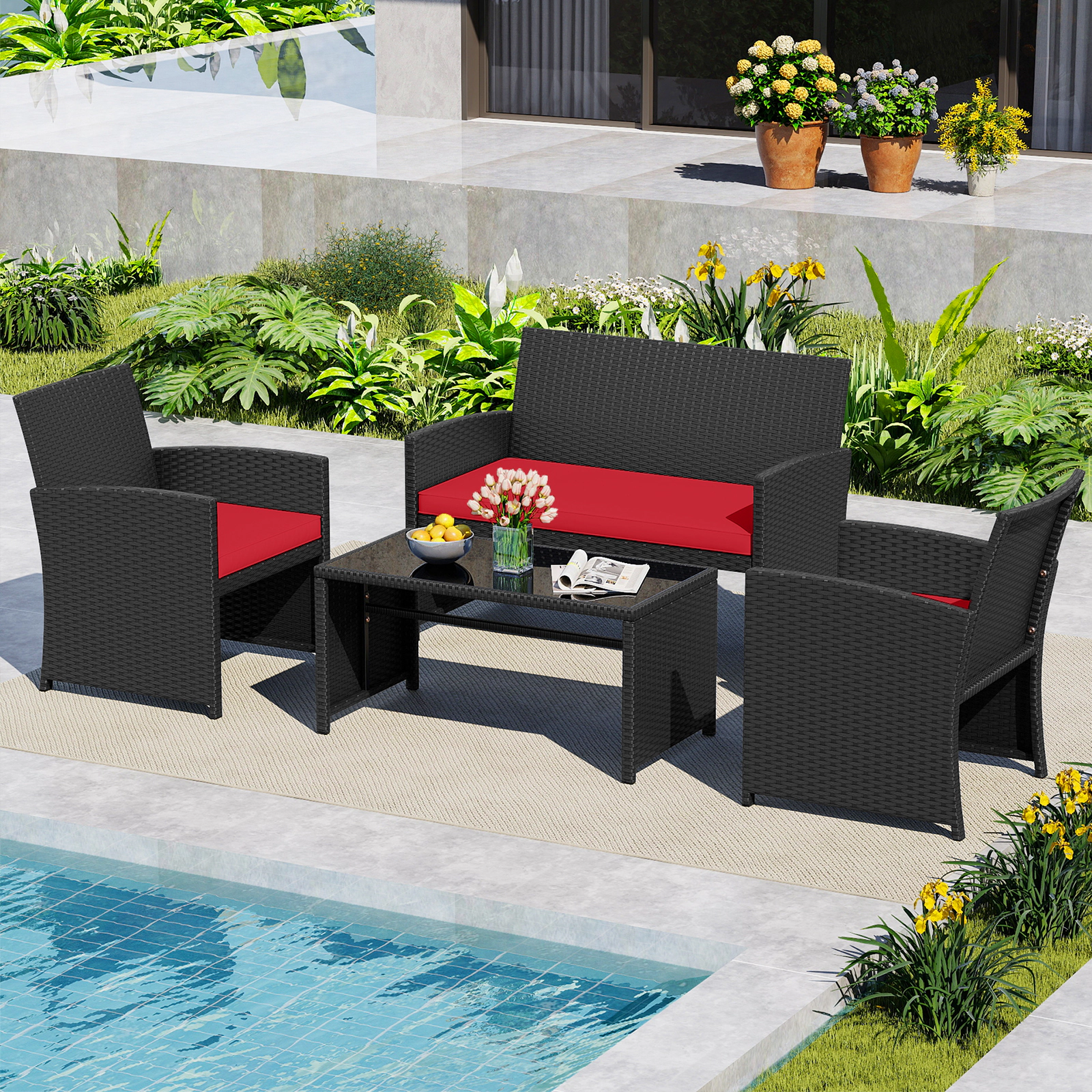 SUGIFT Tempered Glass Tabletop and Rattan Frame 4-Piece Red Cushioned Patio Furniture Set