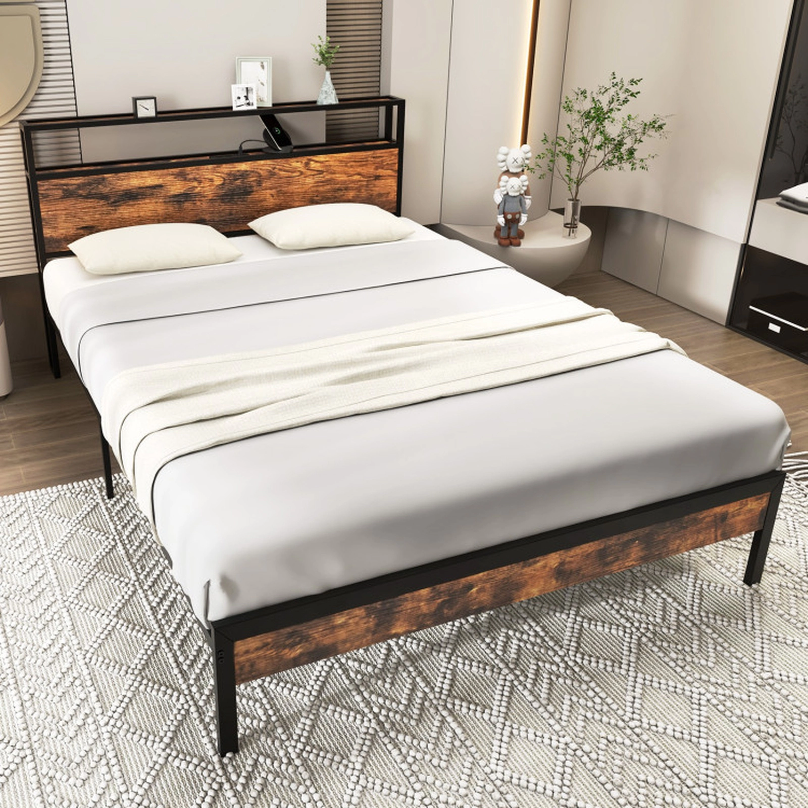 SUGIFT Storage Headboard Bed Frame with Charging Station 1000-Lb Capacity Queen Rustic Brown + Black