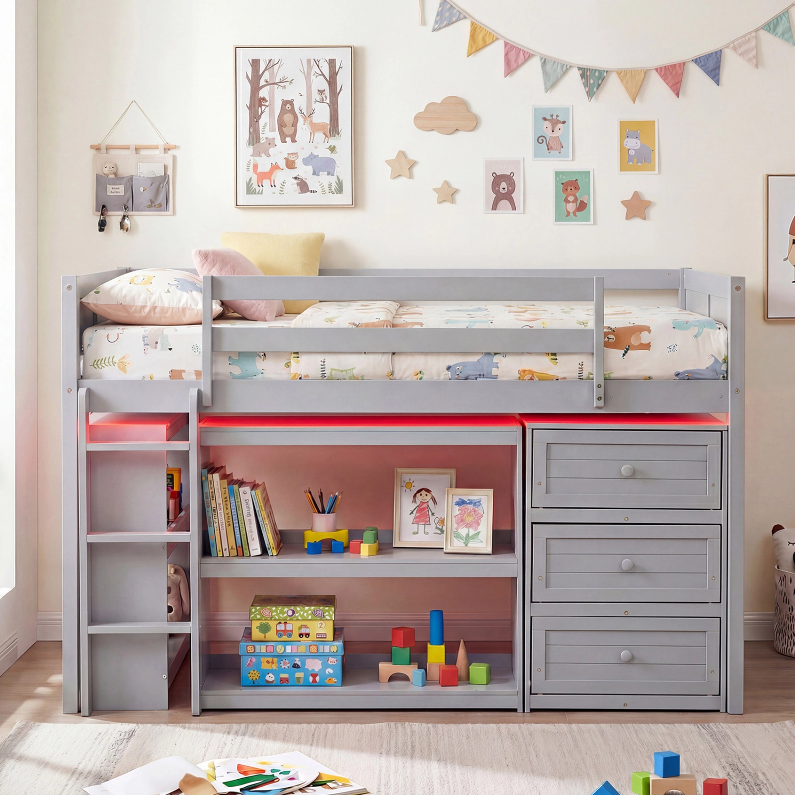SUGIFT Gray LED Lights Drawers and Under-Bed Shelves Twin Size Kids Loft Bed