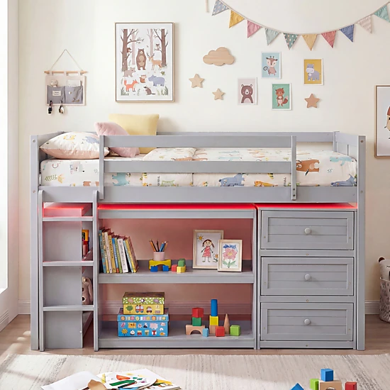 SUGIFT Gray LED Lights Drawers and Under-Bed Shelves Twin Size Kids Loft Bed