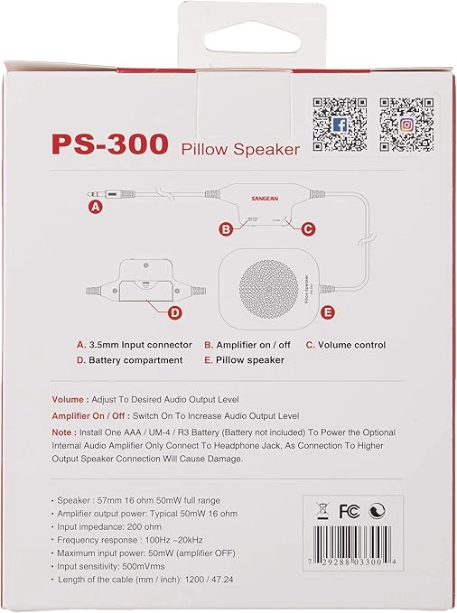 SANGEAN PS-300 Pillow Speaker with In-Line Volume Control and Built-In Amplifier, White
