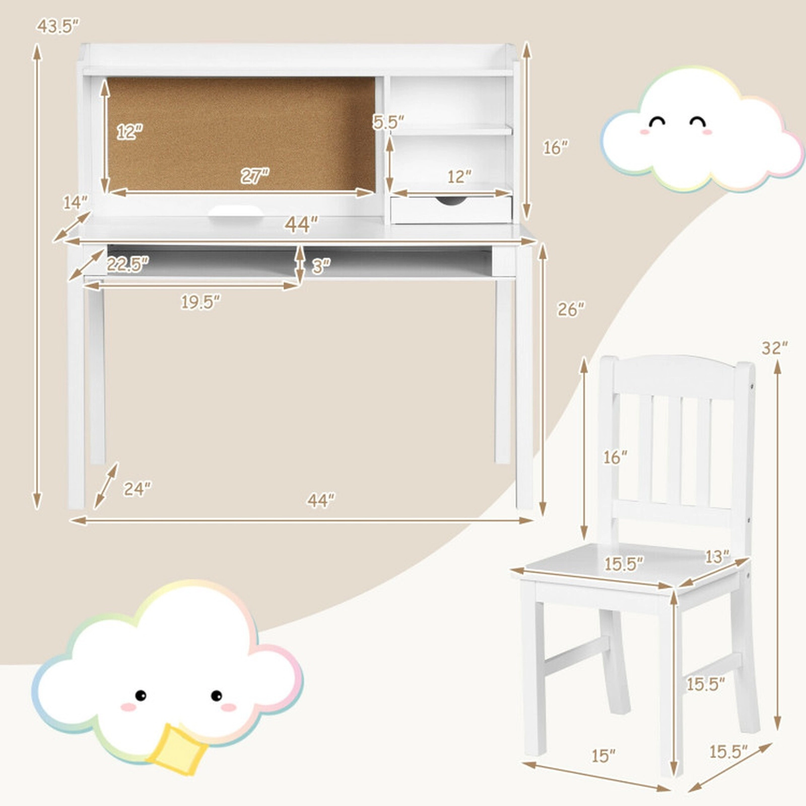 SUGIFT Kids Desk and Chair Set, White Computer Desk with Hutch, Adjustable Shelf, Corkboard and Drawer