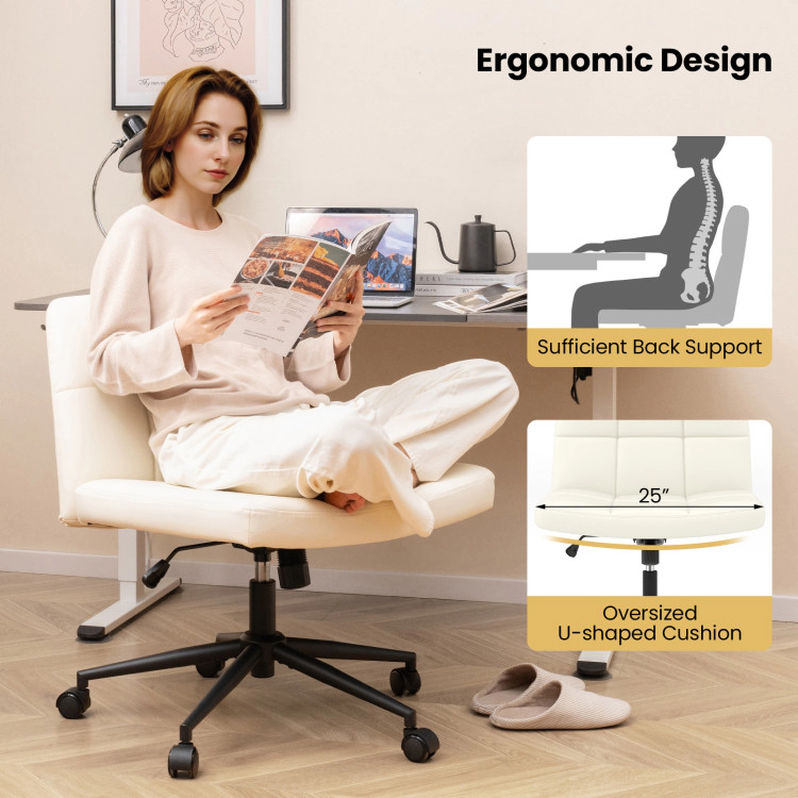 SUGIFT Oversize U-Shaped Cushion Armless Desk Chair with Rocking Mechanism 330-Lb Capacity Height-Adjustable Beige/Brown