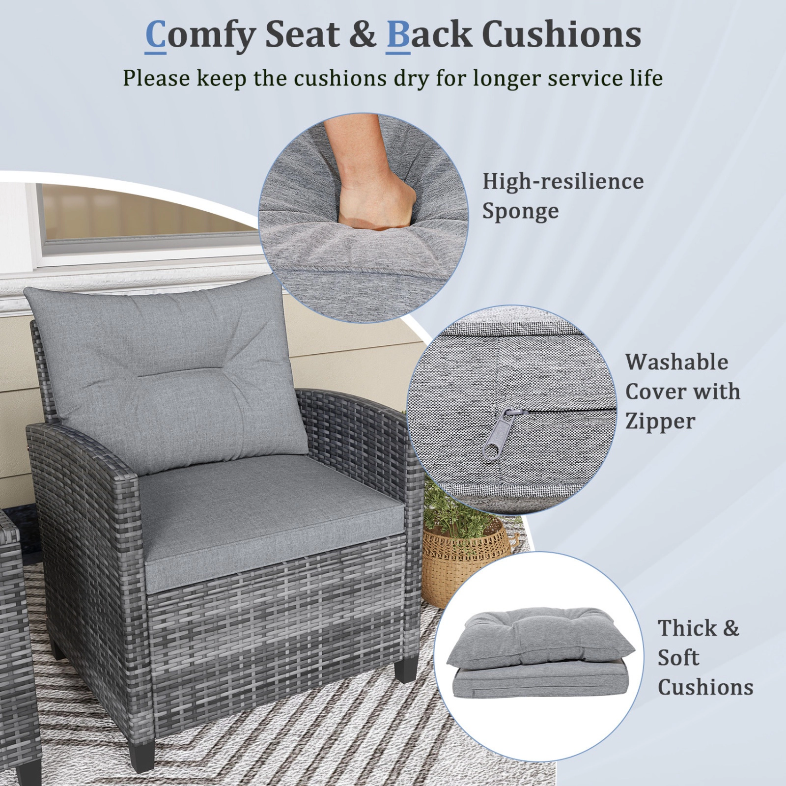 SUGIFT 3-Piece Gray Outdoor Wicker Bistro Set with Steel Frames and Glass Table