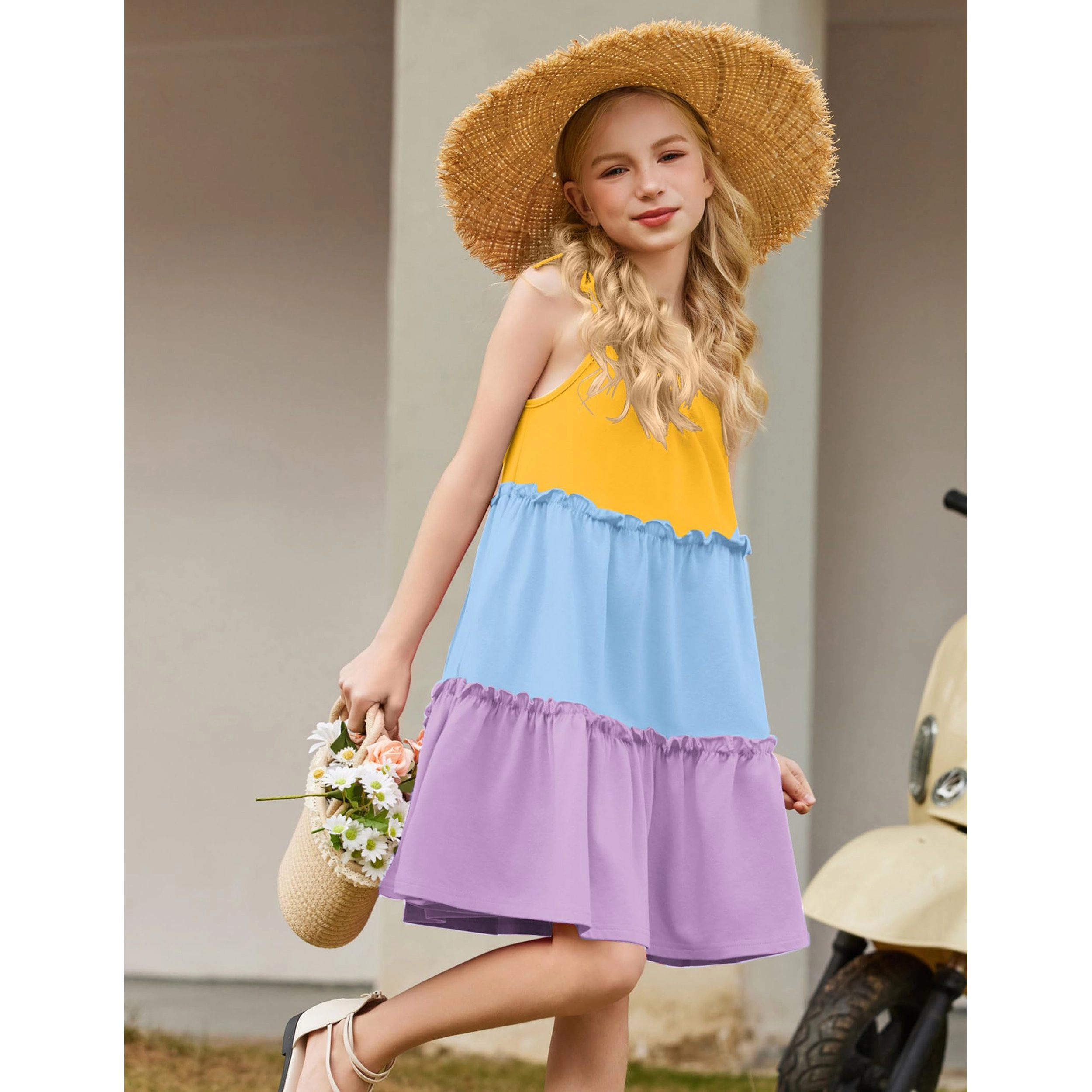 Arshiner Girl Summer Dresses A-Line Swing Flowy Ruffle Tiered Sundress with Pockets