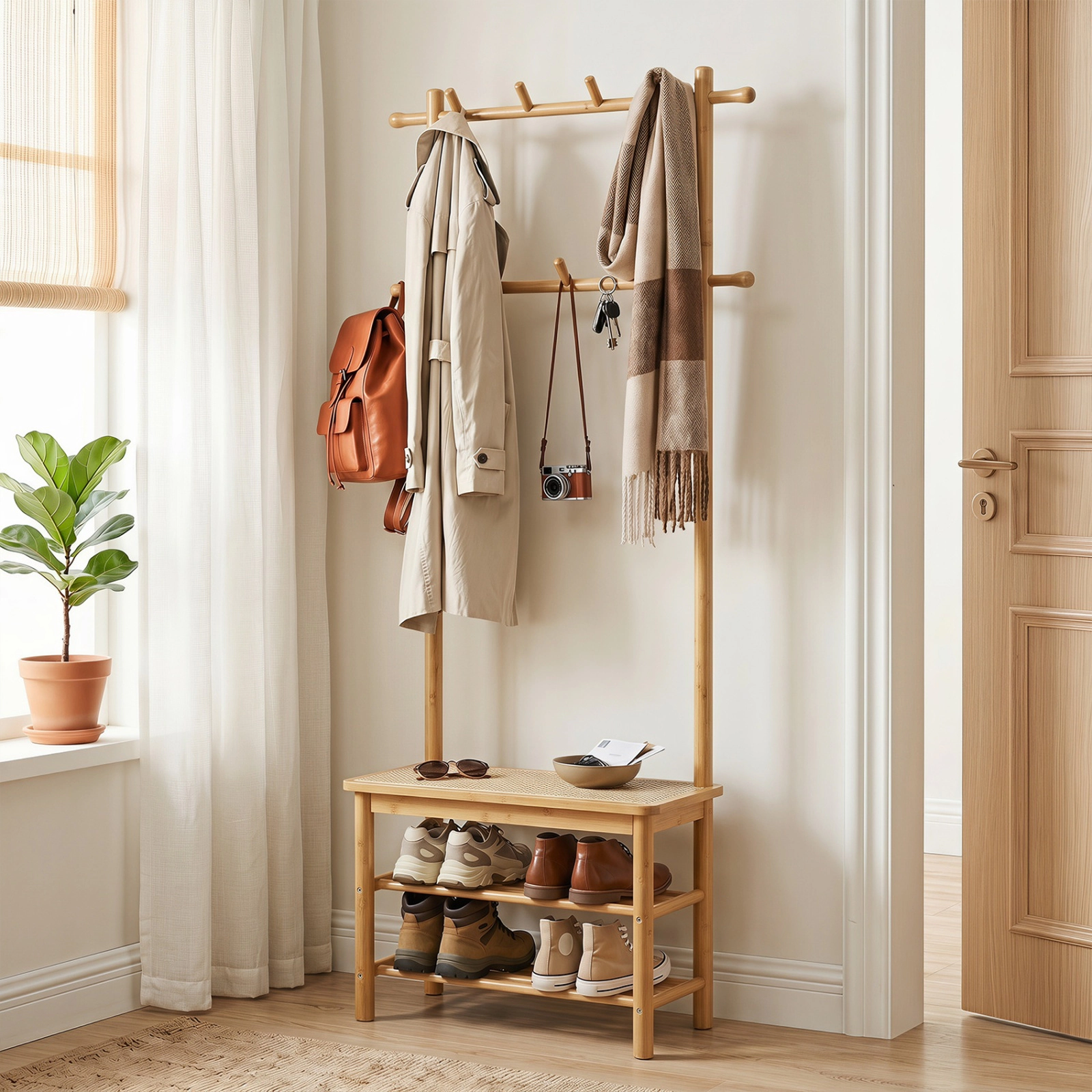 SUGIFT Bamboo Hall Tree Natural 3-in-1 Entryway Bench with PE Rattan Shoe Storage
