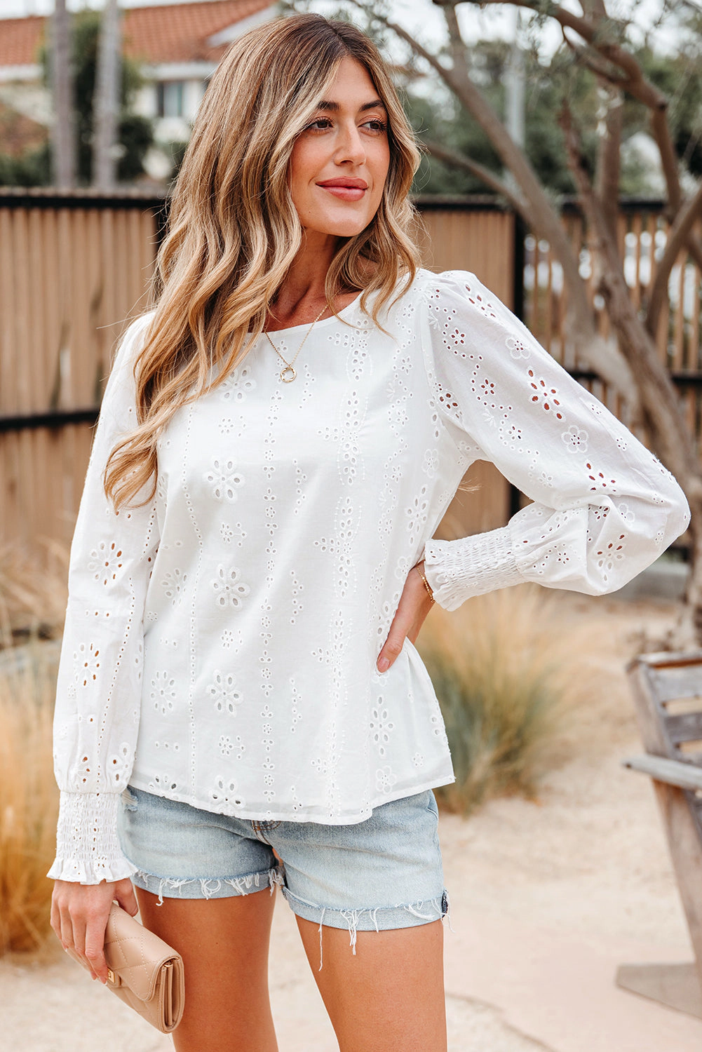 Threaded Pear Women's Allison Eyelet Embroidered Smocked Cuff Sheer Blouse