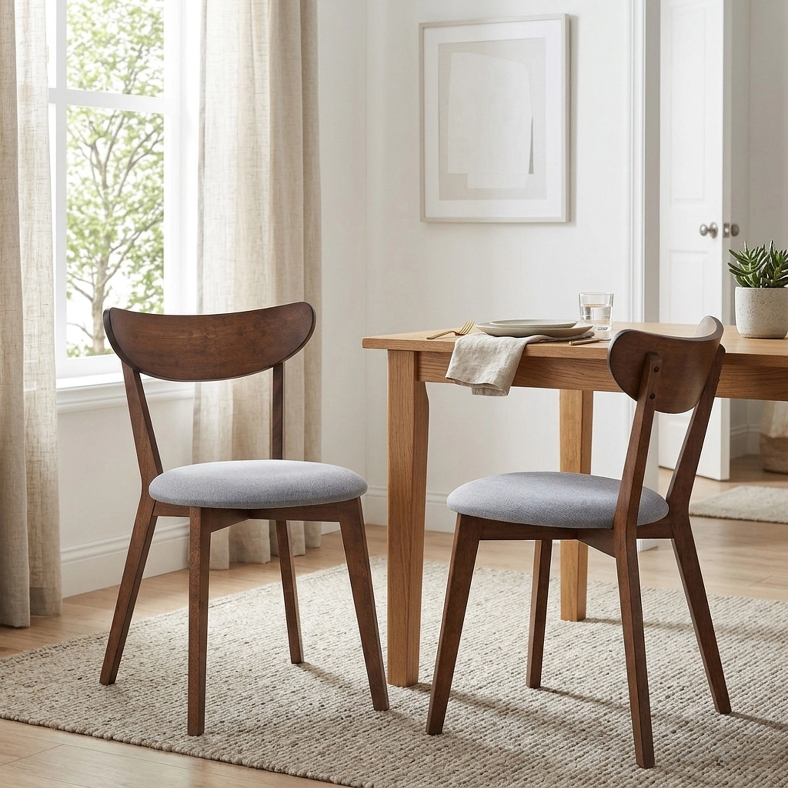 SUGIFT Set of 2 Upholstered Dining Chairs, Curved Back, Walnut