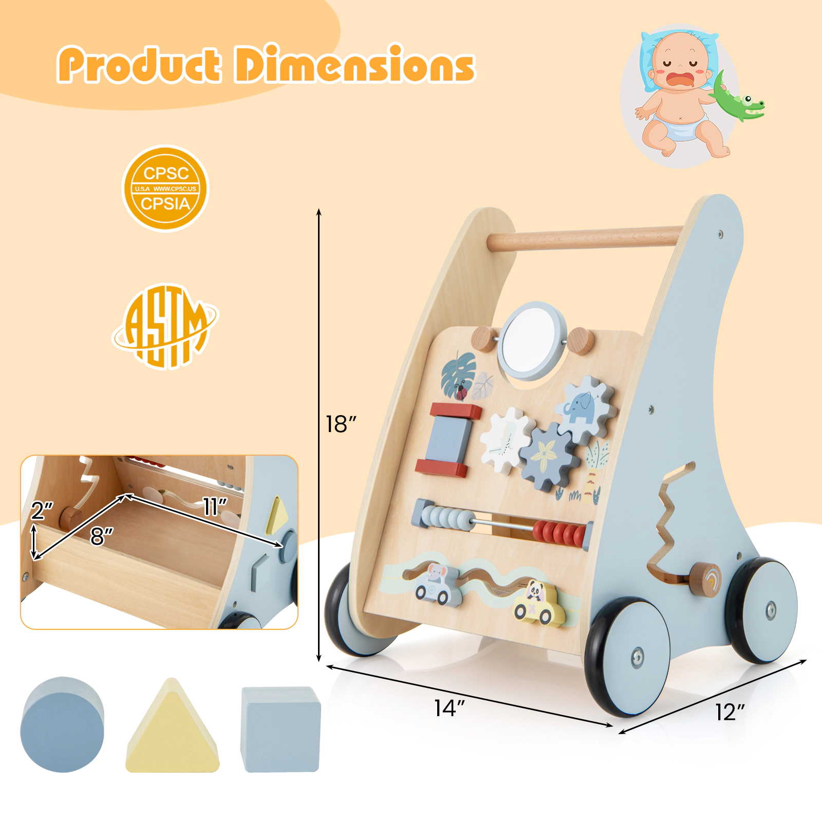 SUGIFT Wooden Baby Push and Pull Walker with Multi-Activity Learning Center 18-in Tall 3+ Years Blue