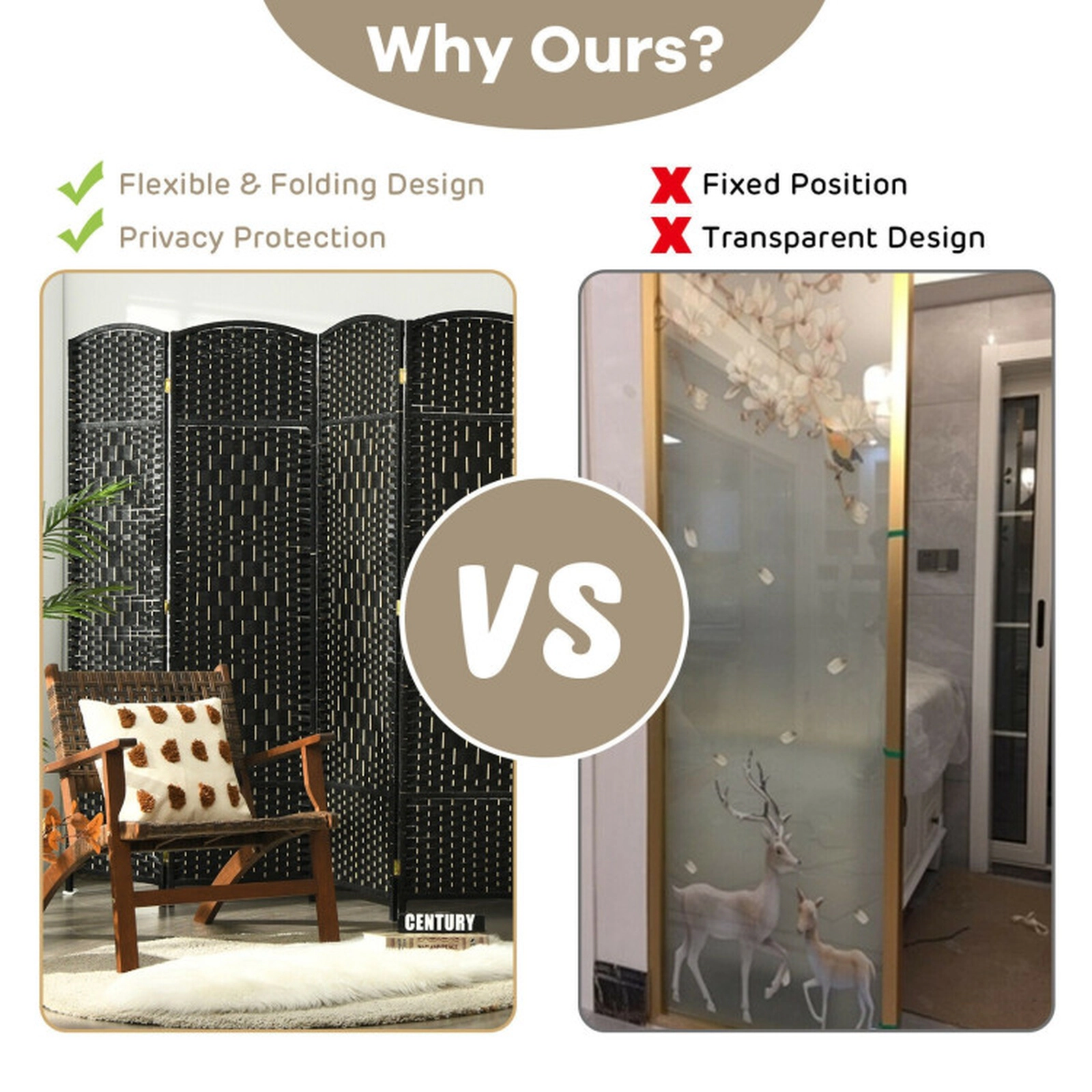 SUGIFT Handwoven Paper Fiber 6-Panel Folding Room Divider Screen 6.5-ft Tall Poplar Frame Black Brown