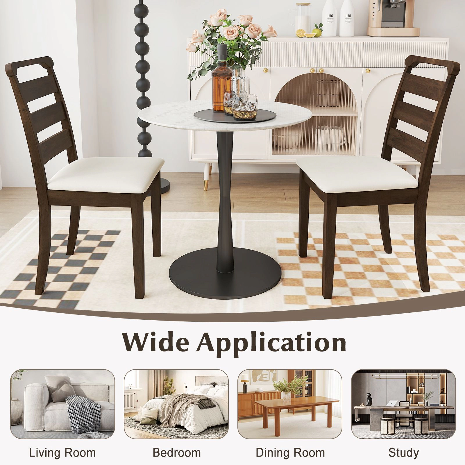 SlickBlue Set of 2 Upholstered Dining Chairs, Ladder Back, Rubber Wood Frame